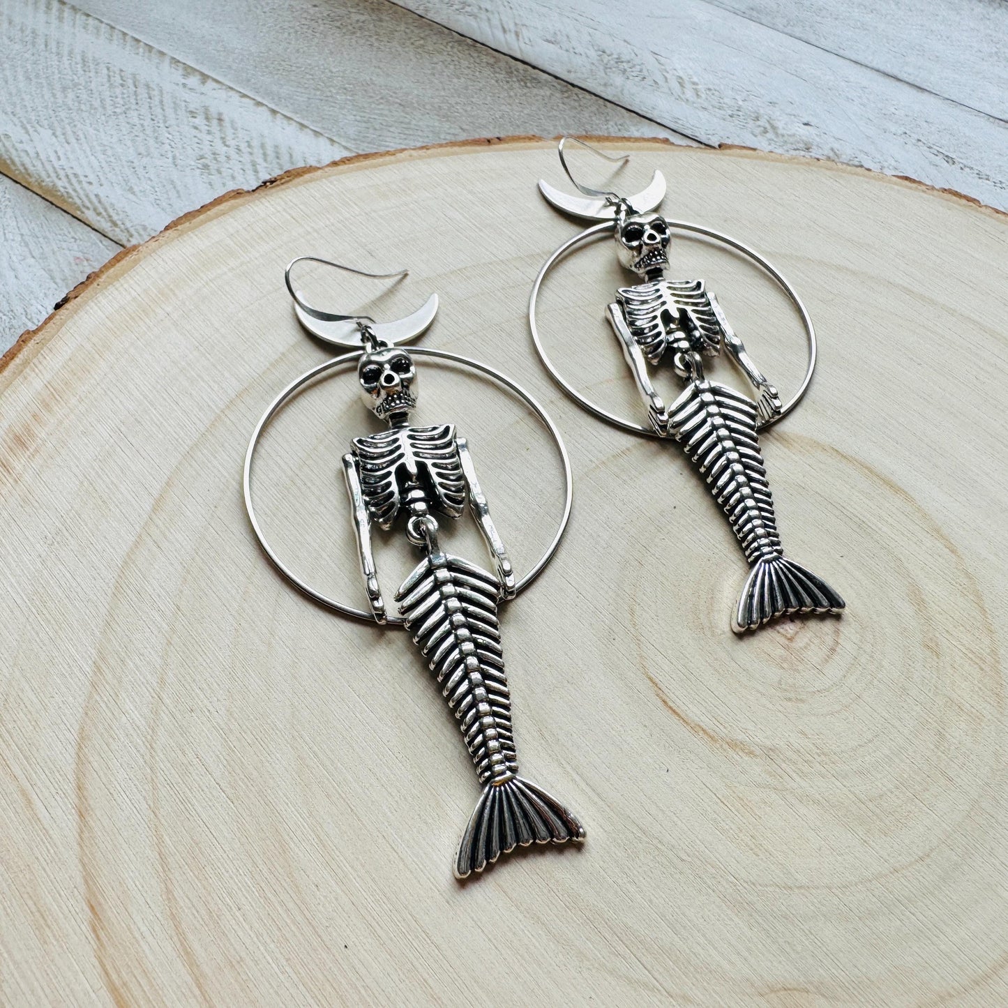 Skeleton Earrings, Mermaid Earrings, Silver Earrings, Unique Birthday Gift for Mom, Birthday Present for Her, Gothic Earrings for Women