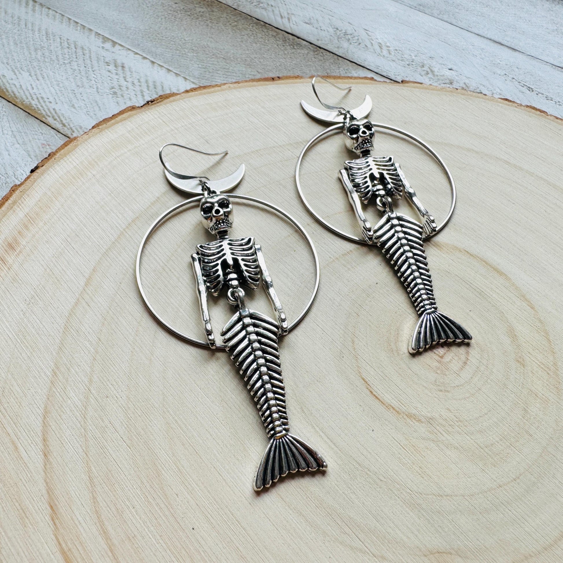 Skeleton Earrings, Mermaid Earrings, Silver Earrings, Unique Birthday Gift for Mom, Birthday Present for Her, Gothic Earrings for Women