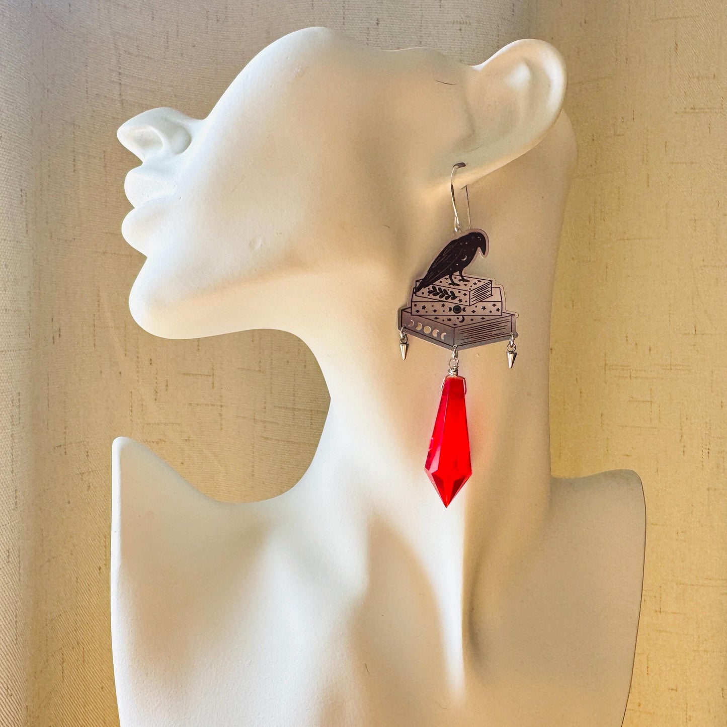 Red Crystal Earrings, Raven Earrings, Spike Earrings, Witchy Earrings, Halloween, Punk Jewelry, Goth Earrings for Women, Graduation Gifts