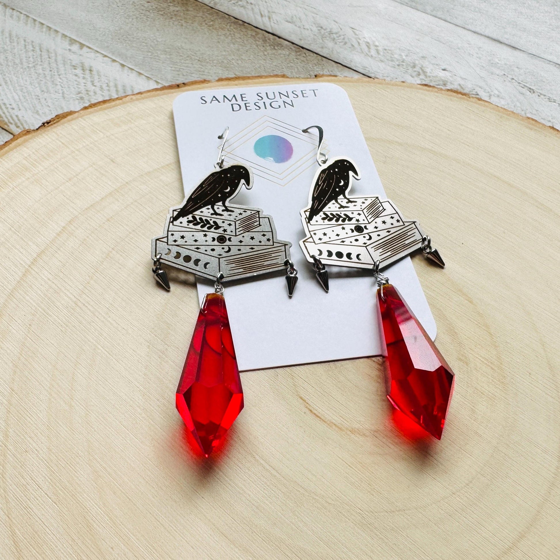 Red Crystal Earrings, Raven Earrings, Spike Earrings, Witchy Earrings, Halloween, Punk Jewelry, Goth Earrings for Women, Graduation Gifts