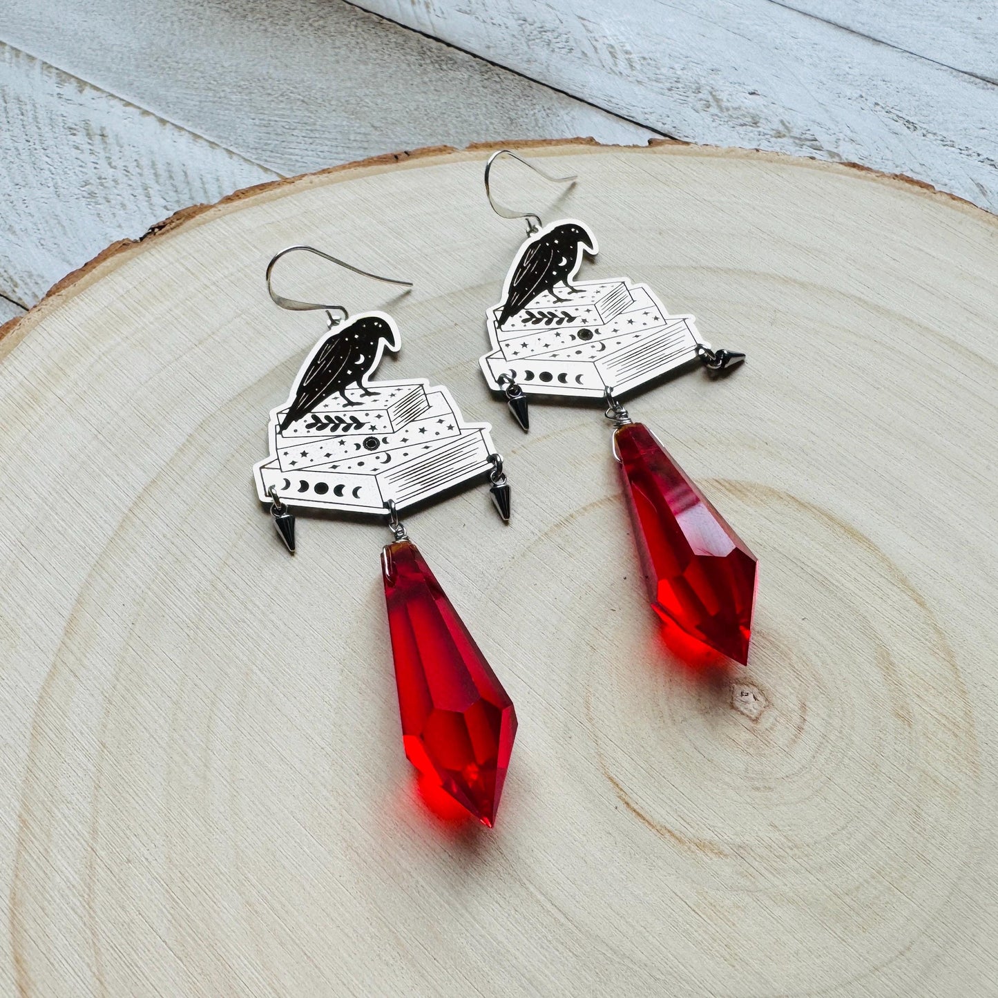 Red Crystal Earrings, Raven Earrings, Spike Earrings, Witchy Earrings, Halloween, Punk Jewelry, Goth Earrings for Women, Graduation Gifts
