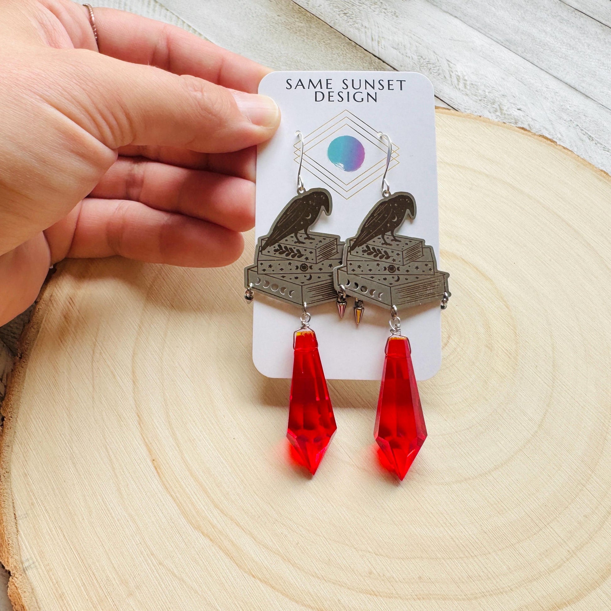 Red Crystal Earrings, Raven Earrings, Spike Earrings, Witchy Earrings, Halloween, Punk Jewelry, Goth Earrings for Women, Graduation Gifts