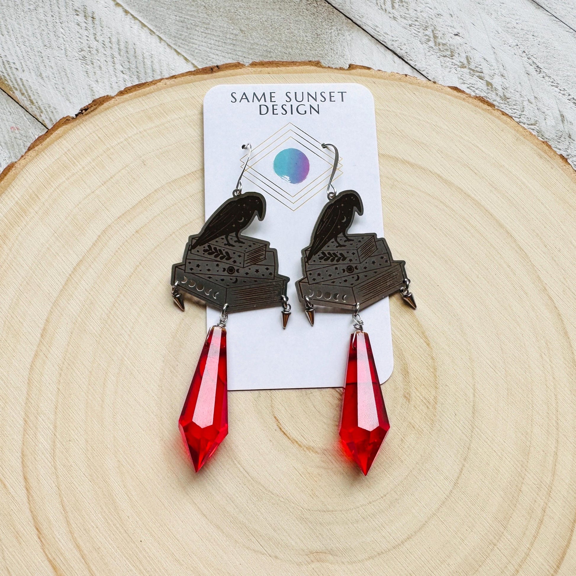 Red Crystal Earrings, Raven Earrings, Spike Earrings, Witchy Earrings, Halloween, Punk Jewelry, Goth Earrings for Women, Graduation Gifts