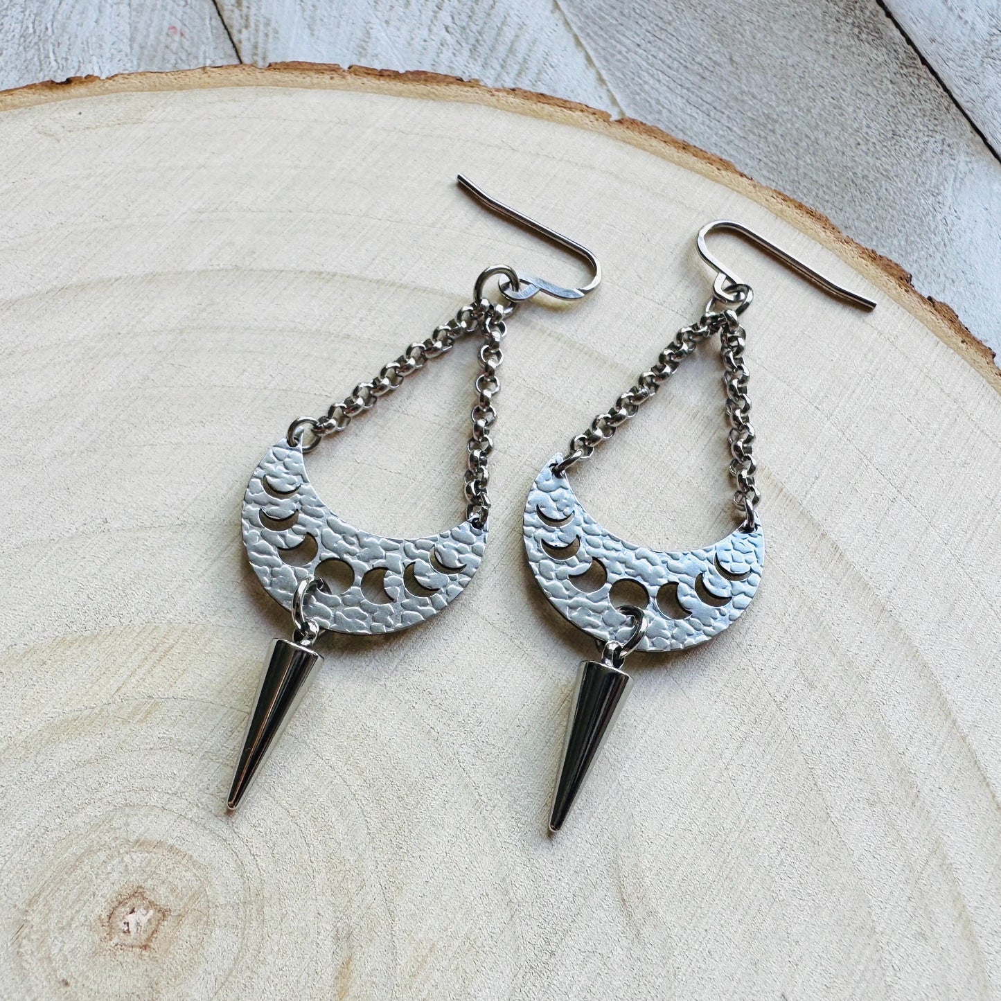 Spike Earrings, Moon Phase Earrings, Silver Earrings, Punk Jewelry, Gothic Earrings Men, Unique Birthday Gift for Mom, Teacher Gift