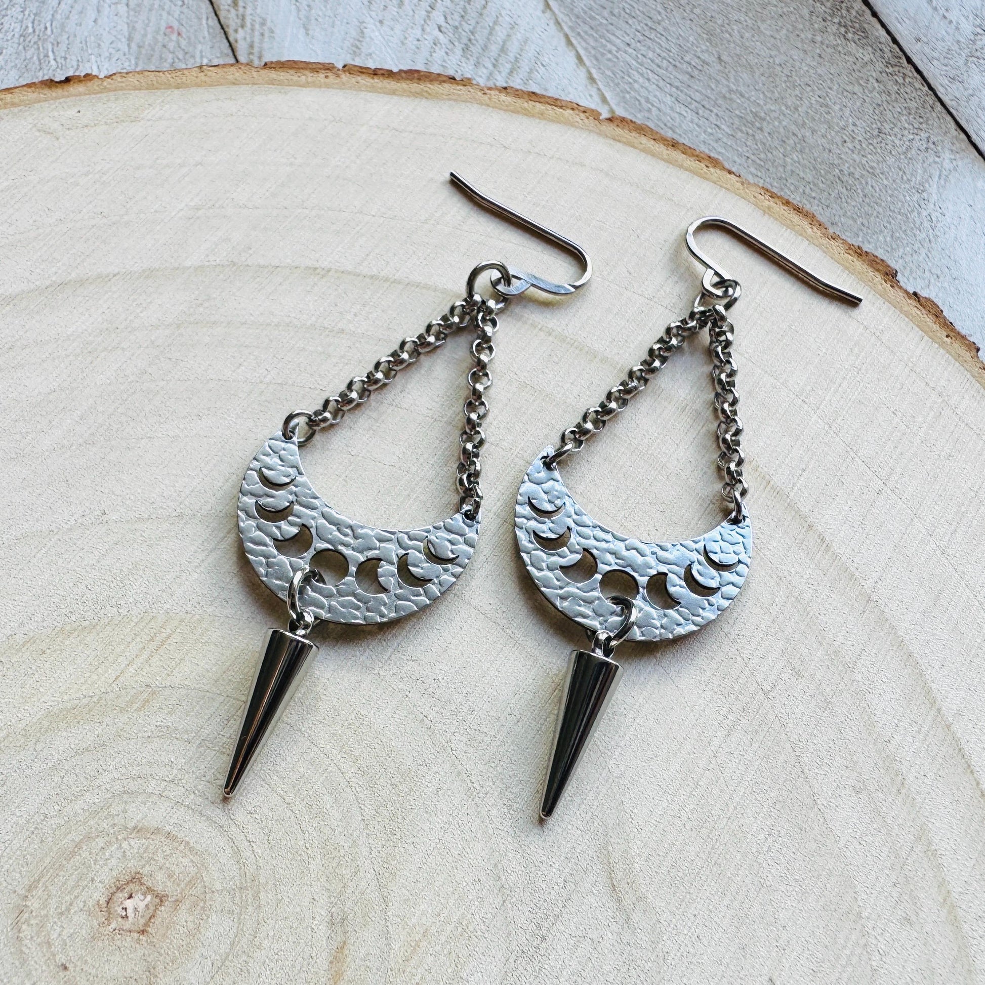 Spike Earrings, Moon Phase Earrings, Silver Earrings, Punk Jewelry, Gothic Earrings Men, Unique Birthday Gift for Mom, Teacher Gift