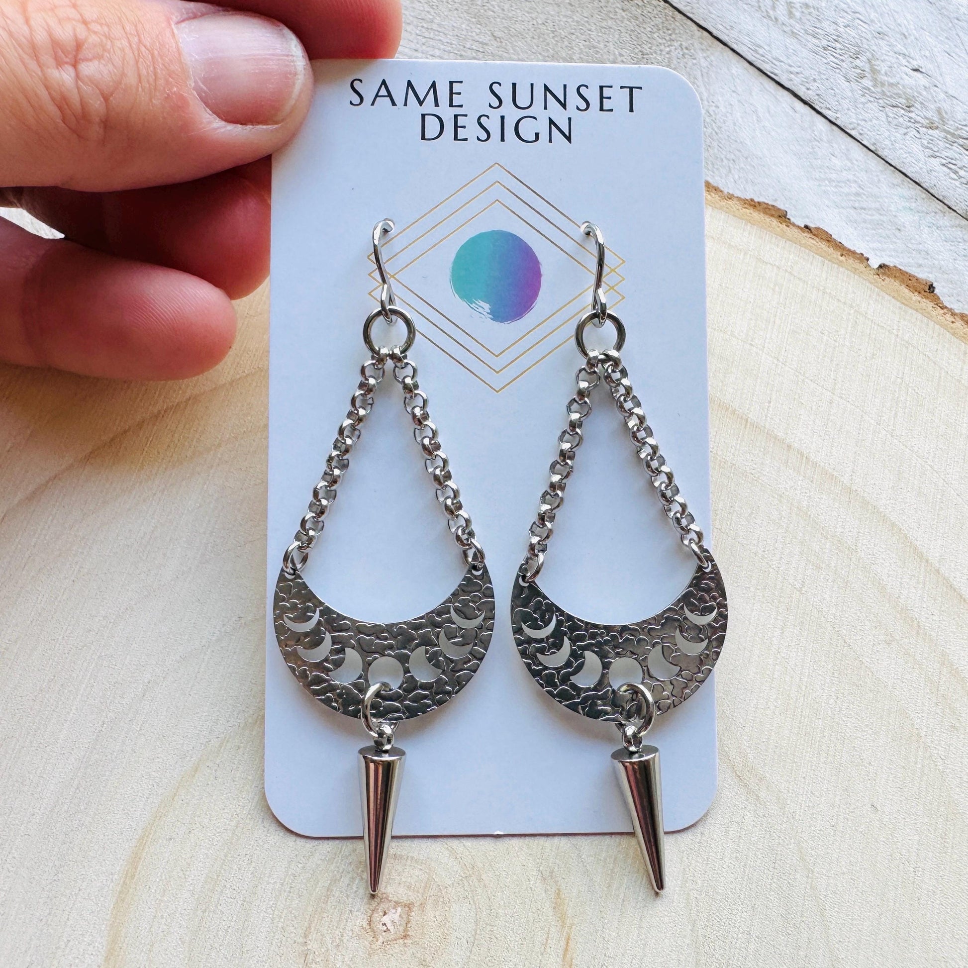 Spike Earrings, Moon Phase Earrings, Silver Earrings, Punk Jewelry, Gothic Earrings Men, Unique Birthday Gift for Mom, Teacher Gift