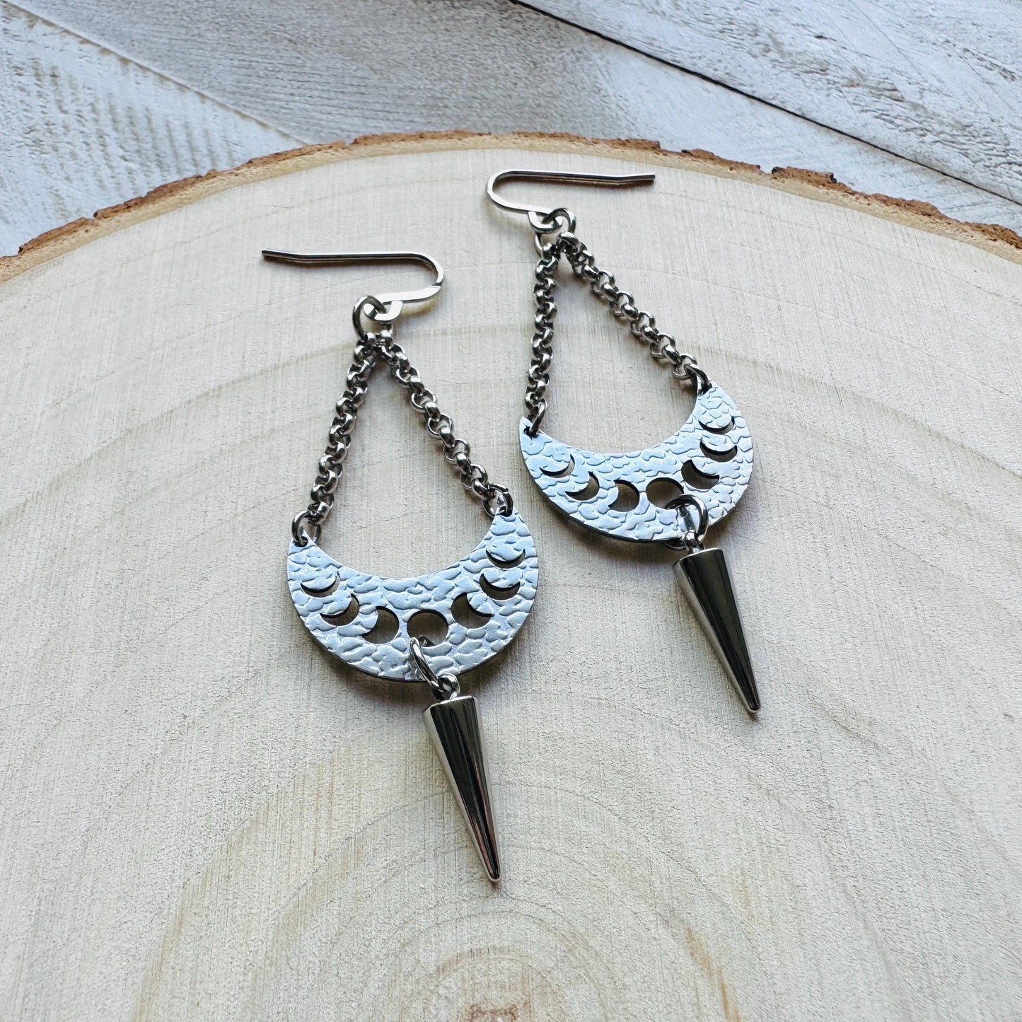 Spike Earrings, Moon Phase Earrings, Silver Earrings, Punk Jewelry, Gothic Earrings Men, Unique Birthday Gift for Mom, Teacher Gift