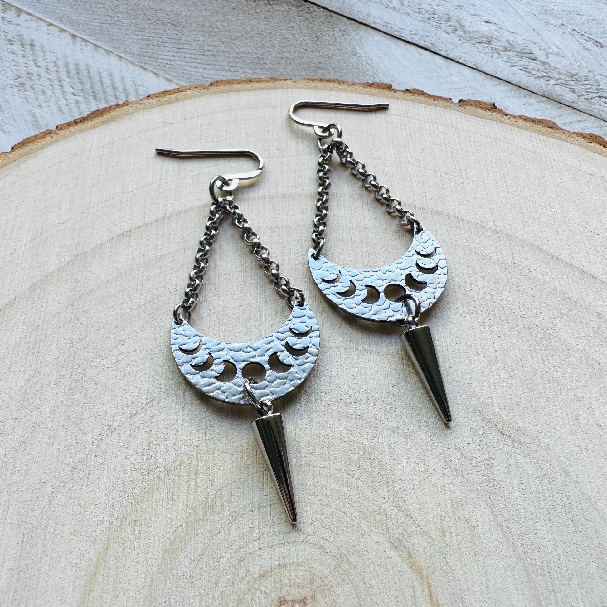 Spike Earrings, Moon Phase Earrings, Silver Earrings, Punk Jewelry, Gothic Earrings Men, Unique Birthday Gift for Mom, Teacher Gift
