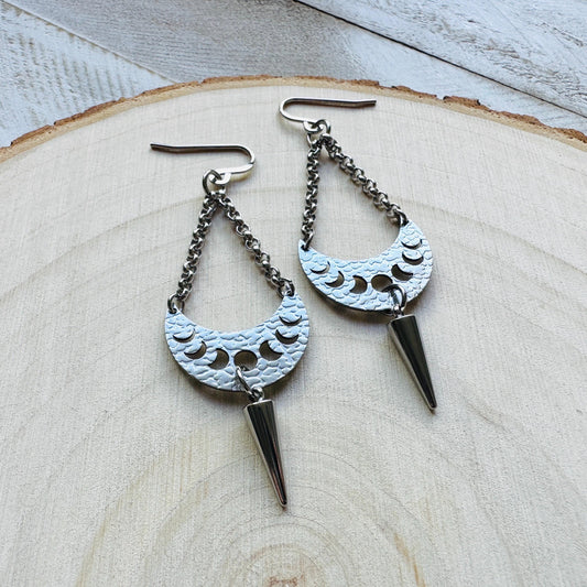 Spike Earrings, Moon Phase Earrings, Silver Earrings, Punk Jewelry, Gothic Earrings Men, Unique Birthday Gift for Mom, Teacher Gift