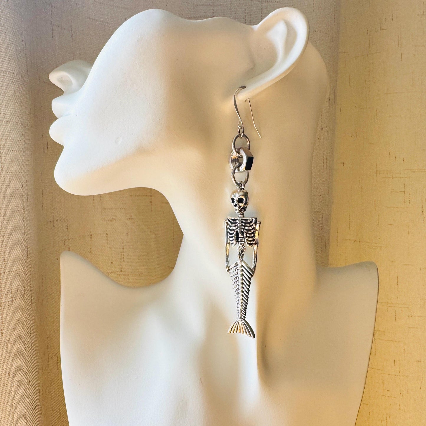 Skeleton Earrings, Mermaid Earrings, Silver Earrings, Unique Birthday Gift for Mom, Birthday Present for Her, Halloween Gift for Women