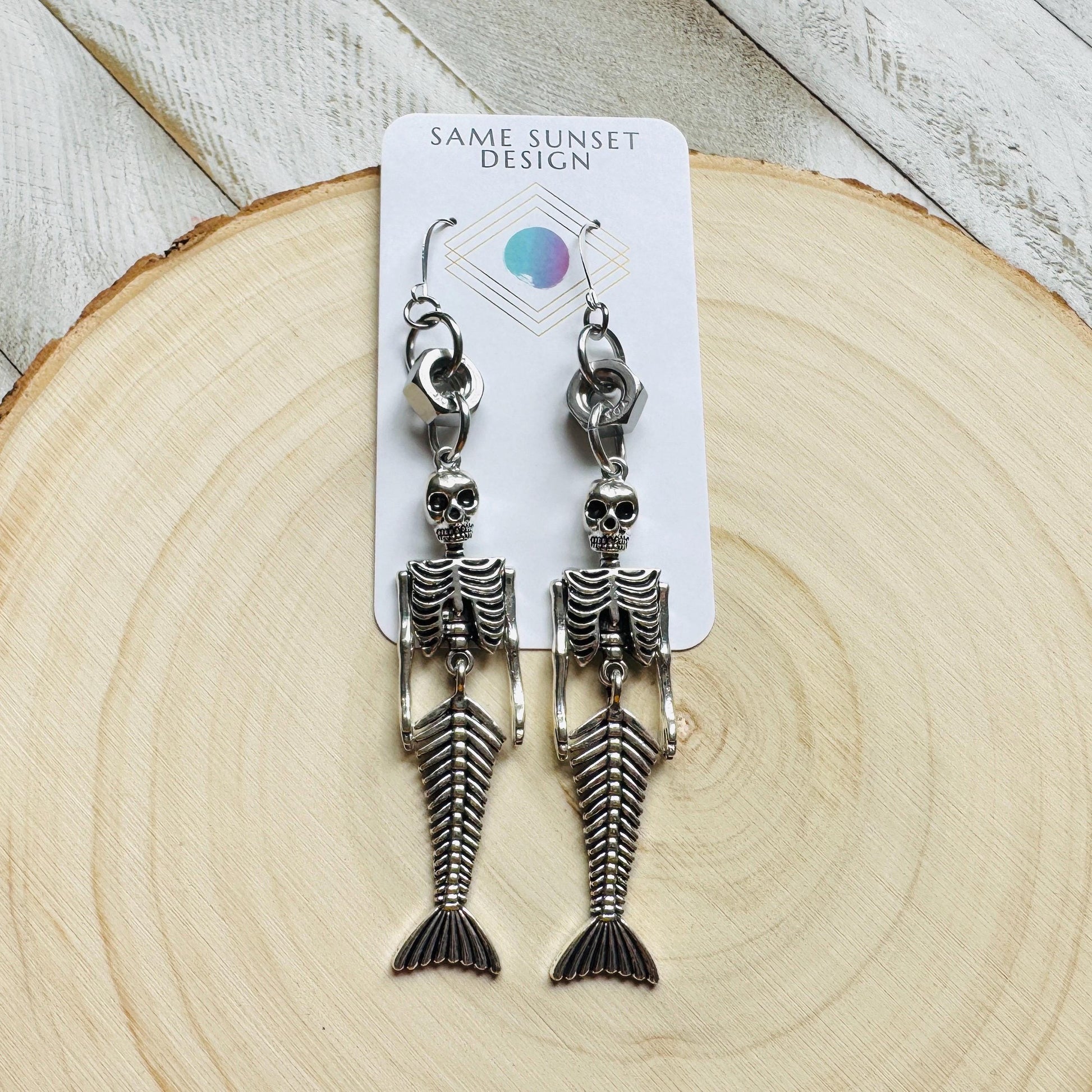 Skeleton Earrings, Mermaid Earrings, Silver Earrings, Unique Birthday Gift for Mom, Birthday Present for Her, Halloween Gift for Women