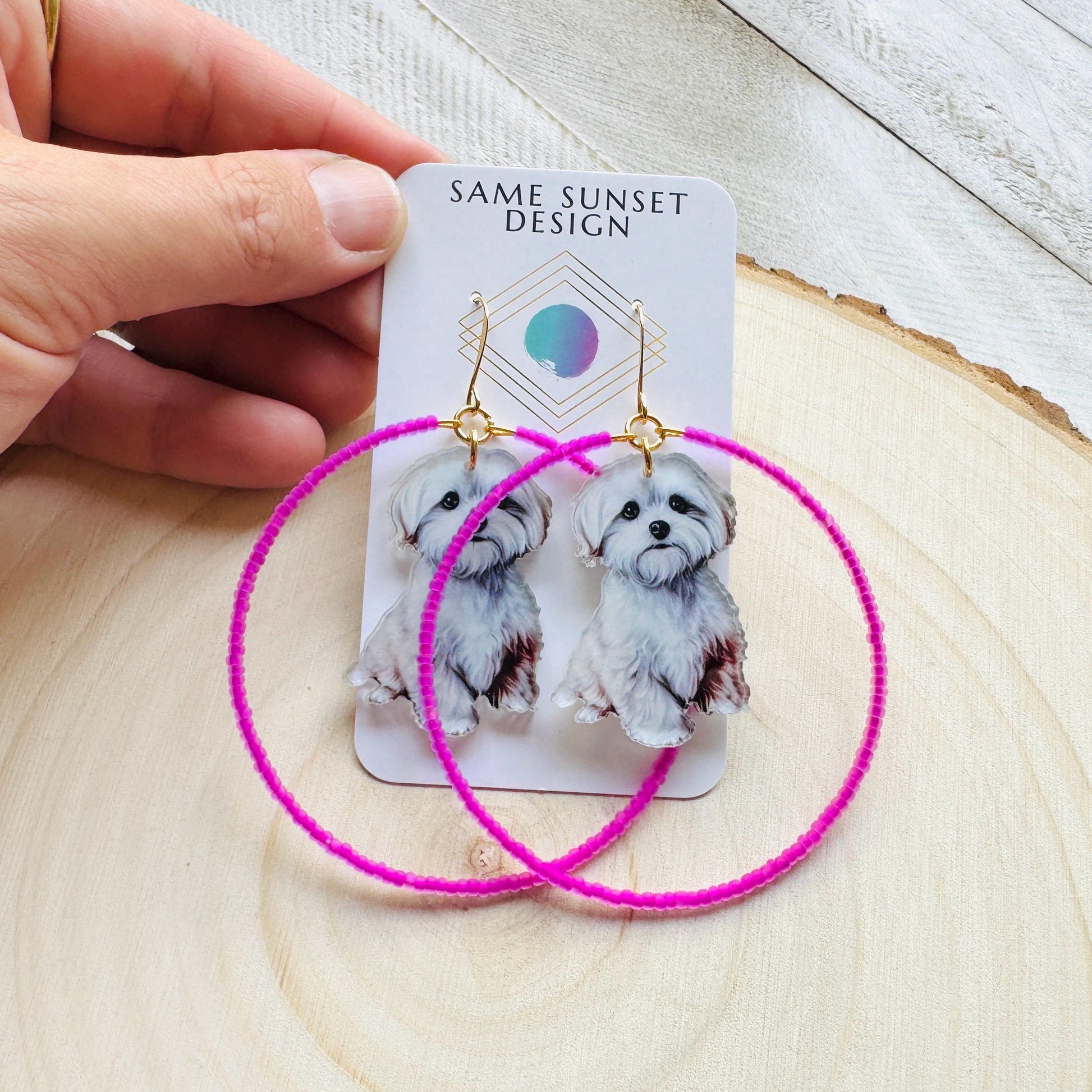 Dog Earrings Dangle, Seed Bead Hoop Earrings, Pink Earrings, Kawaii, Fun Earrings, Tween Jewelry, Birthday Gift for Mom, Teacher Gift