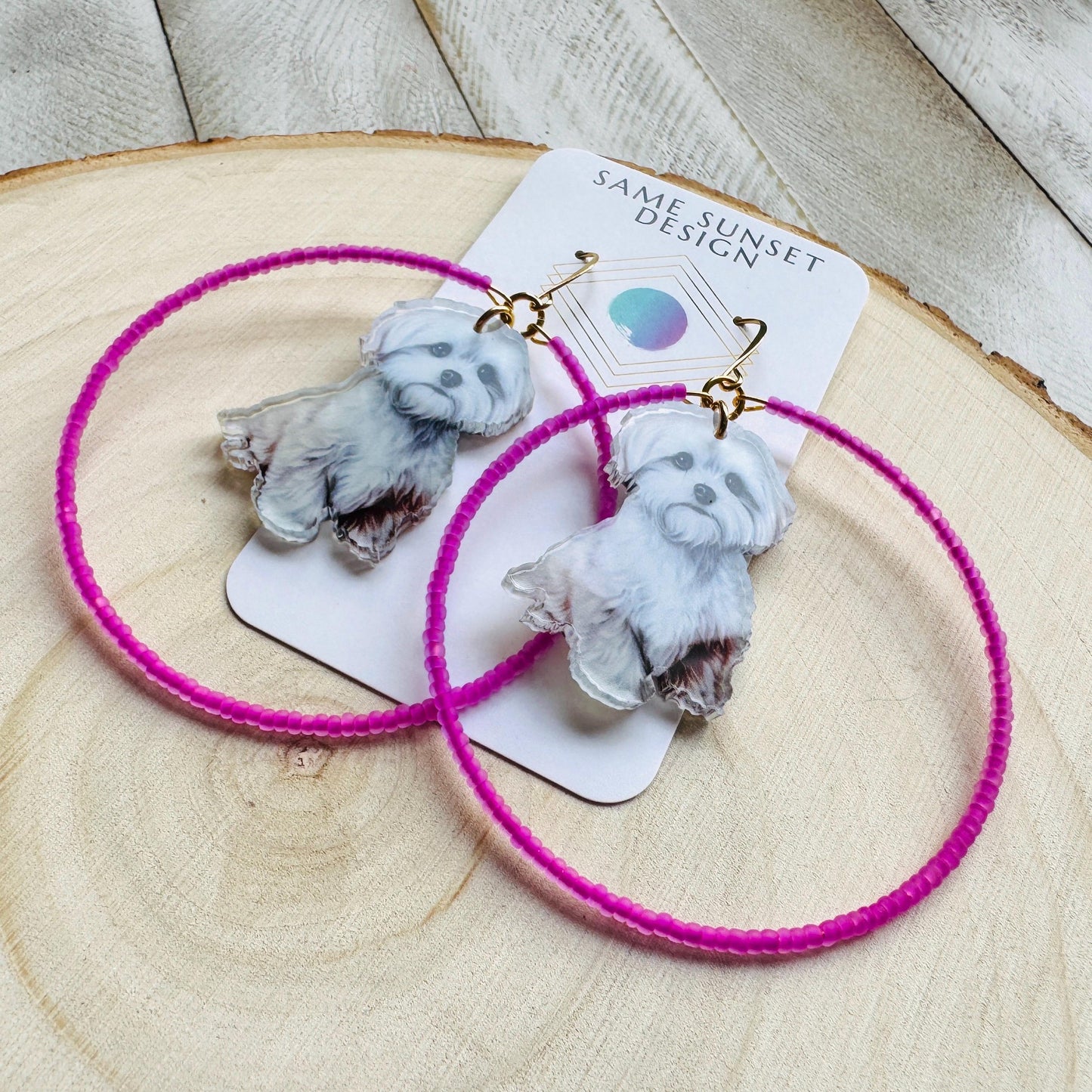Dog Earrings Dangle, Seed Bead Hoop Earrings, Pink Earrings, Kawaii, Fun Earrings, Tween Jewelry, Birthday Gift for Mom, Teacher Gift
