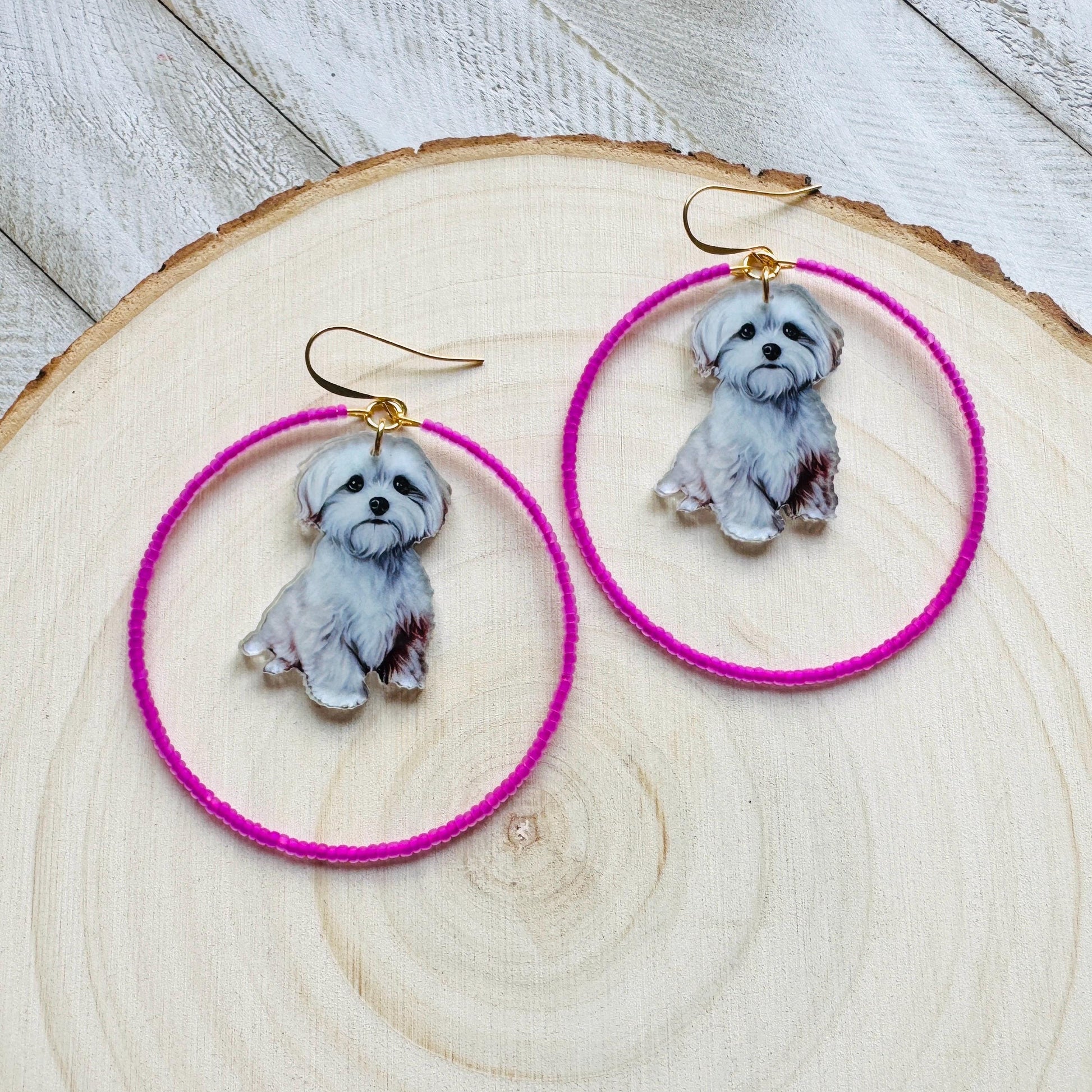 Dog Earrings Dangle, Seed Bead Hoop Earrings, Pink Earrings, Kawaii, Fun Earrings, Tween Jewelry, Birthday Gift for Mom, Teacher Gift