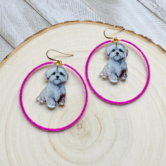 Dog Earrings Dangle, Seed Bead Hoop Earrings, Pink Earrings, Kawaii, Fun Earrings, Tween Jewelry, Birthday Gift for Mom, Teacher Gift