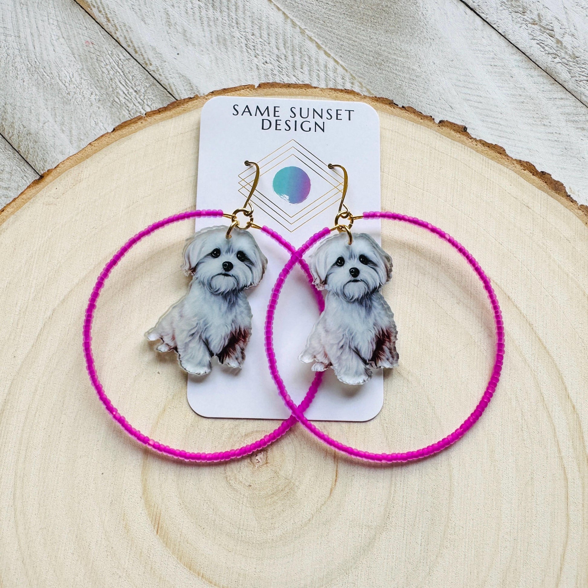 Dog Earrings Dangle, Seed Bead Hoop Earrings, Pink Earrings, Kawaii, Fun Earrings, Tween Jewelry, Birthday Gift for Mom, Teacher Gift