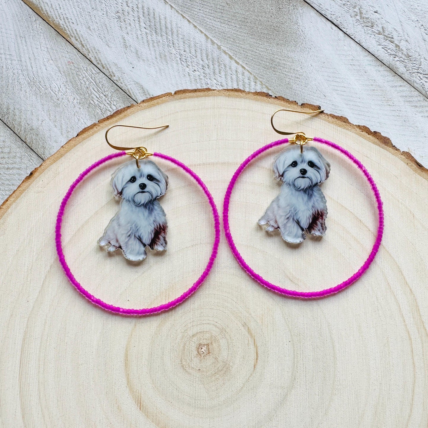 Dog Earrings Dangle, Seed Bead Hoop Earrings, Pink Earrings, Kawaii, Fun Earrings, Tween Jewelry, Birthday Gift for Mom, Teacher Gift