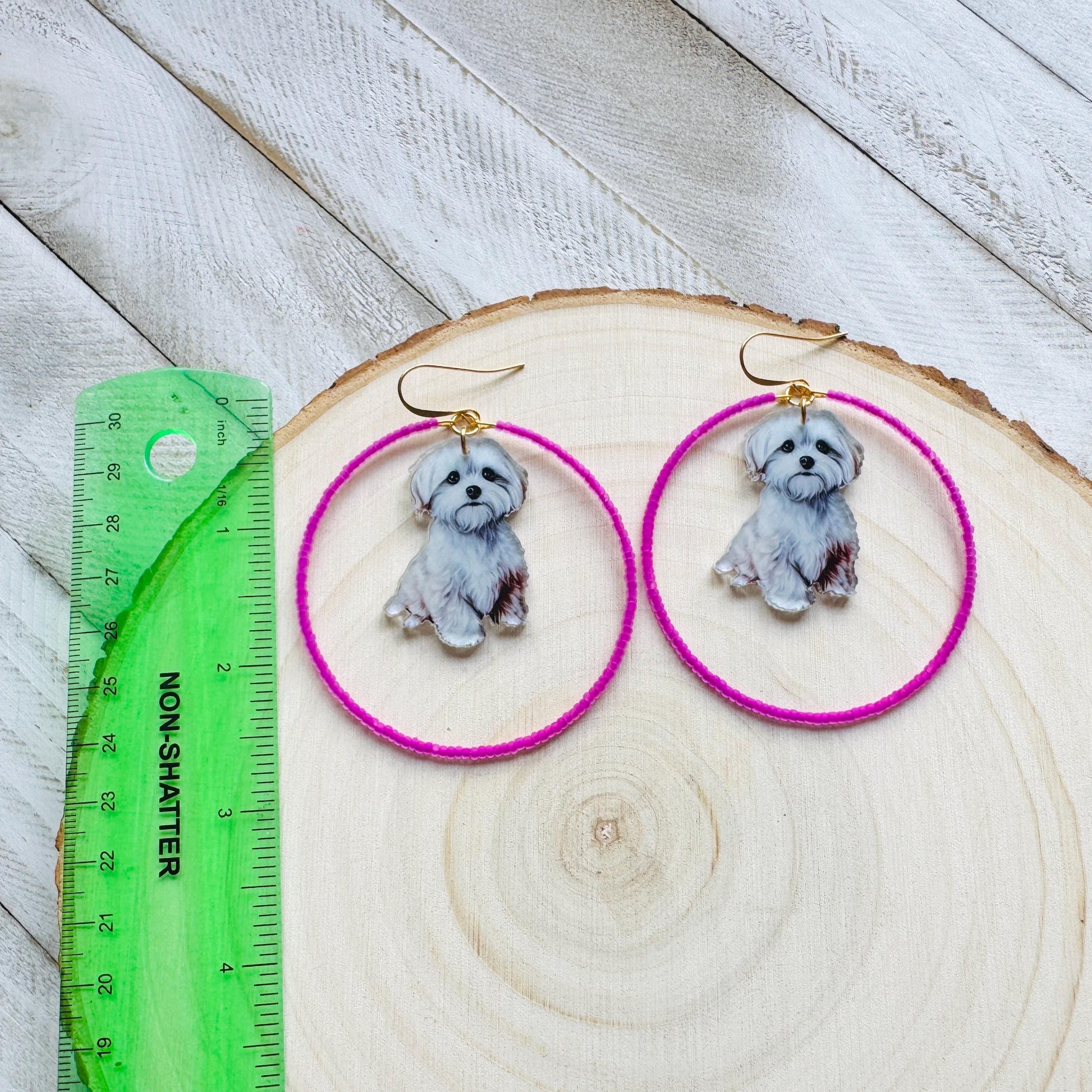 Dog Earrings Dangle, Seed Bead Hoop Earrings, Pink Earrings, Kawaii, Fun Earrings, Tween Jewelry, Birthday Gift for Mom, Teacher Gift