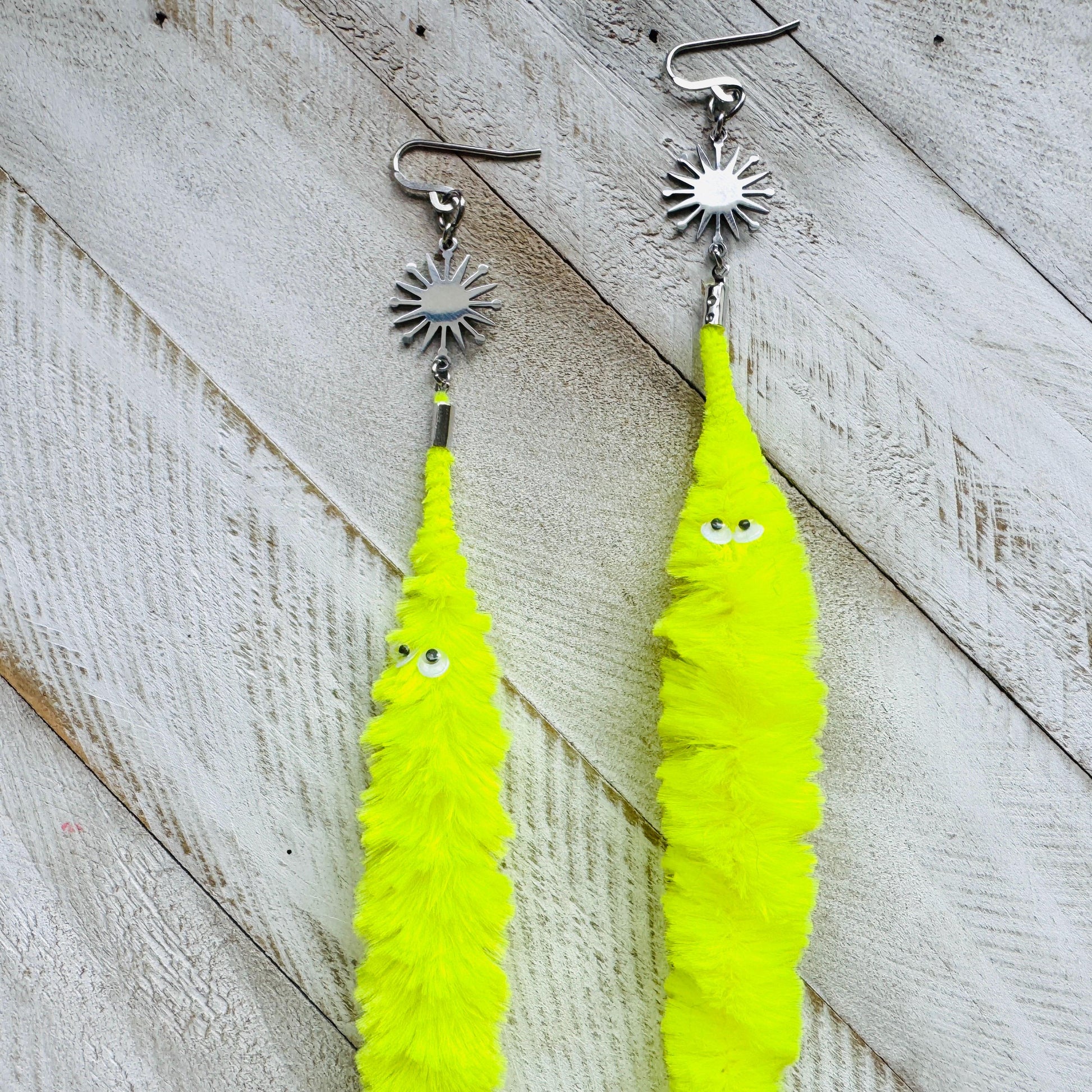 Fuzzy Worm Earrings, Green Worms, Festival Jewelry, Fun Earrings, Sweet 16 Gift Granddaughter, Whimsical Gifts, Friend Gifts for Birthday