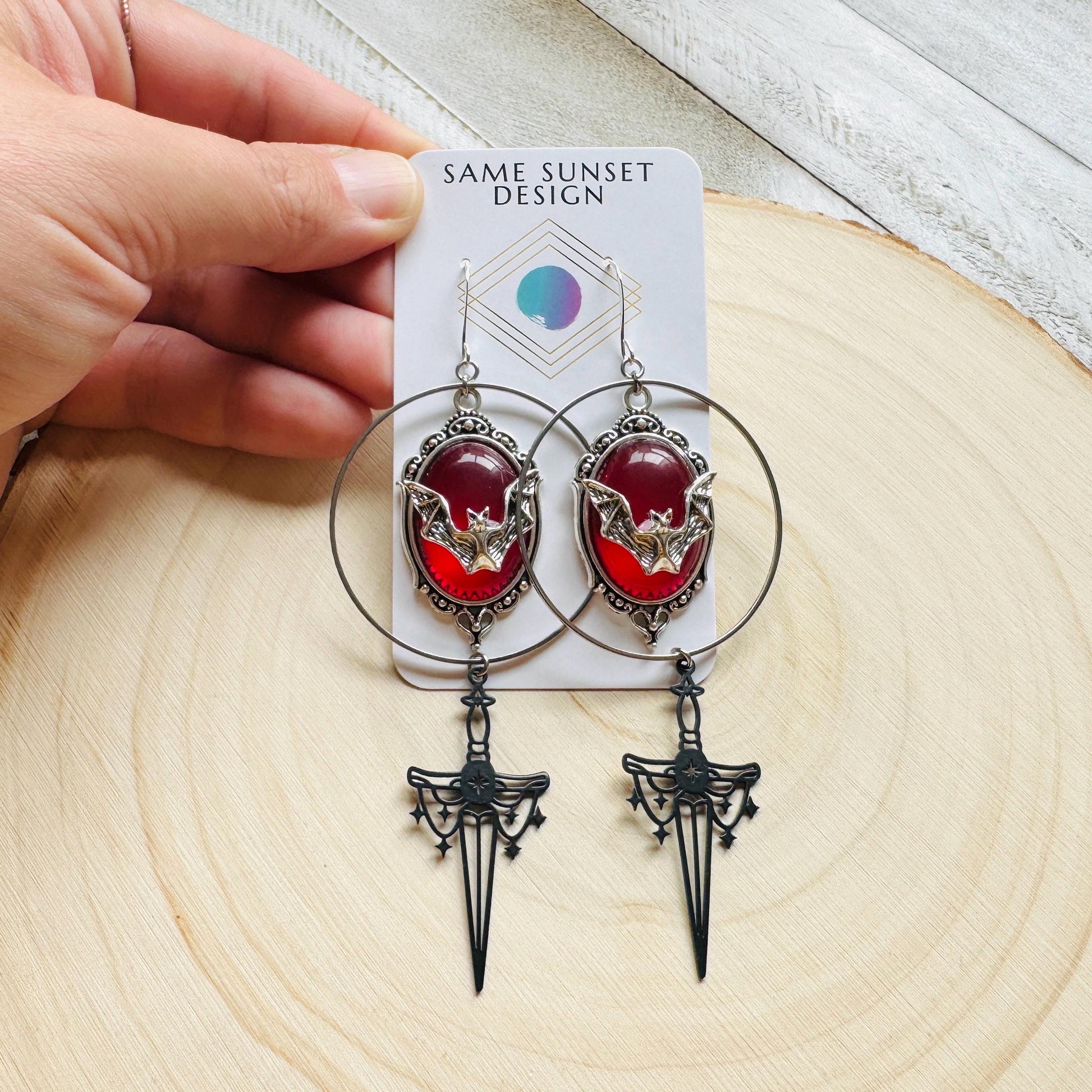 Bat Earrings, Silver Hoop Earrings, Witchy Earrings, Sword Earrings Silver, Punk Wedding, Goth Earrings for Women, Unique Halloween Gifts