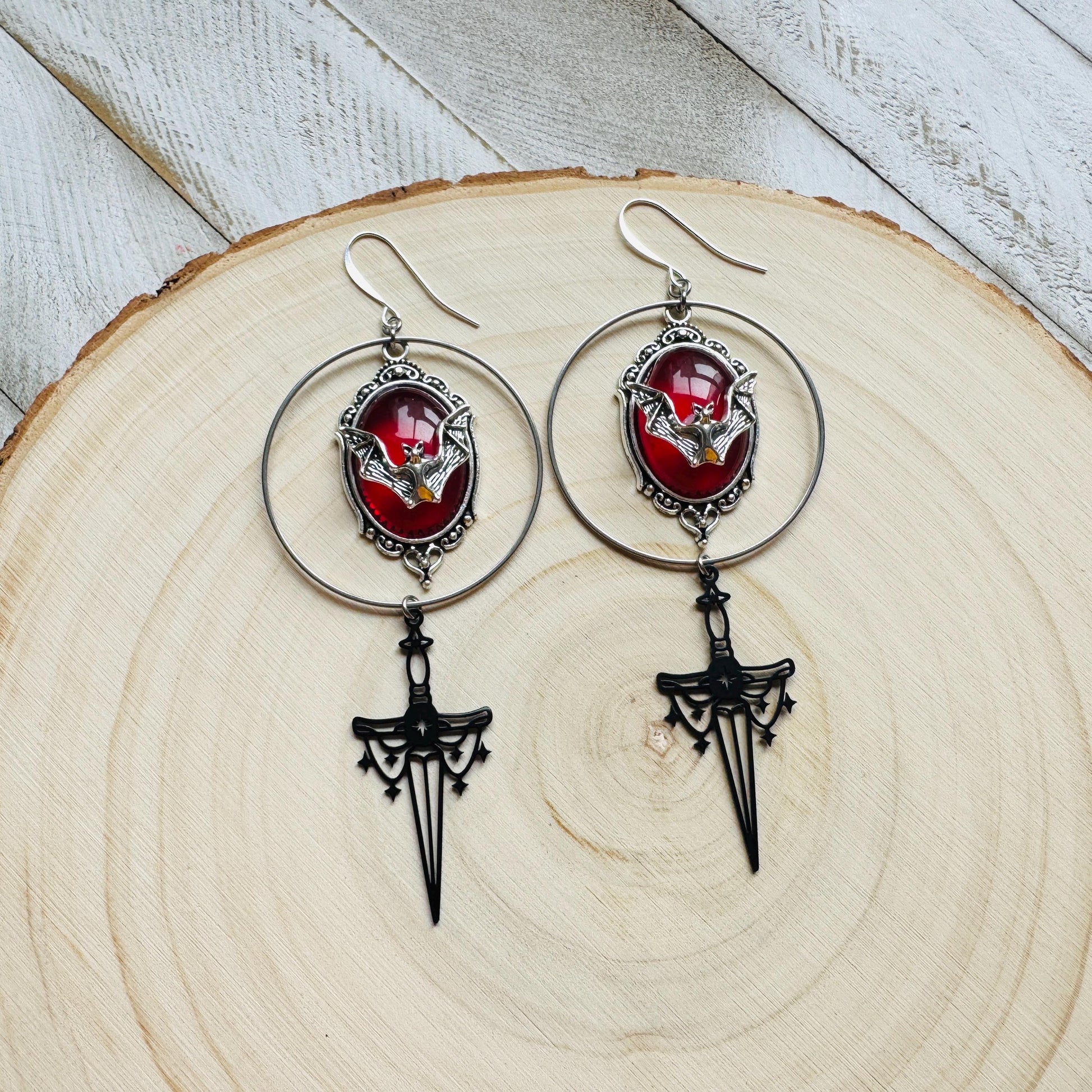 Bat Earrings, Silver Hoop Earrings, Witchy Earrings, Sword Earrings Silver, Punk Wedding, Goth Earrings for Women, Unique Halloween Gifts