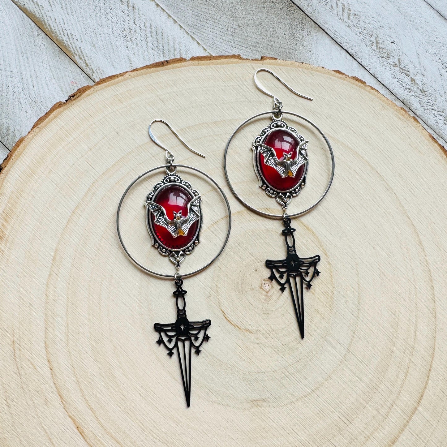 Bat Earrings, Silver Hoop Earrings, Witchy Earrings, Sword Earrings Silver, Punk Wedding, Goth Earrings for Women, Unique Halloween Gifts