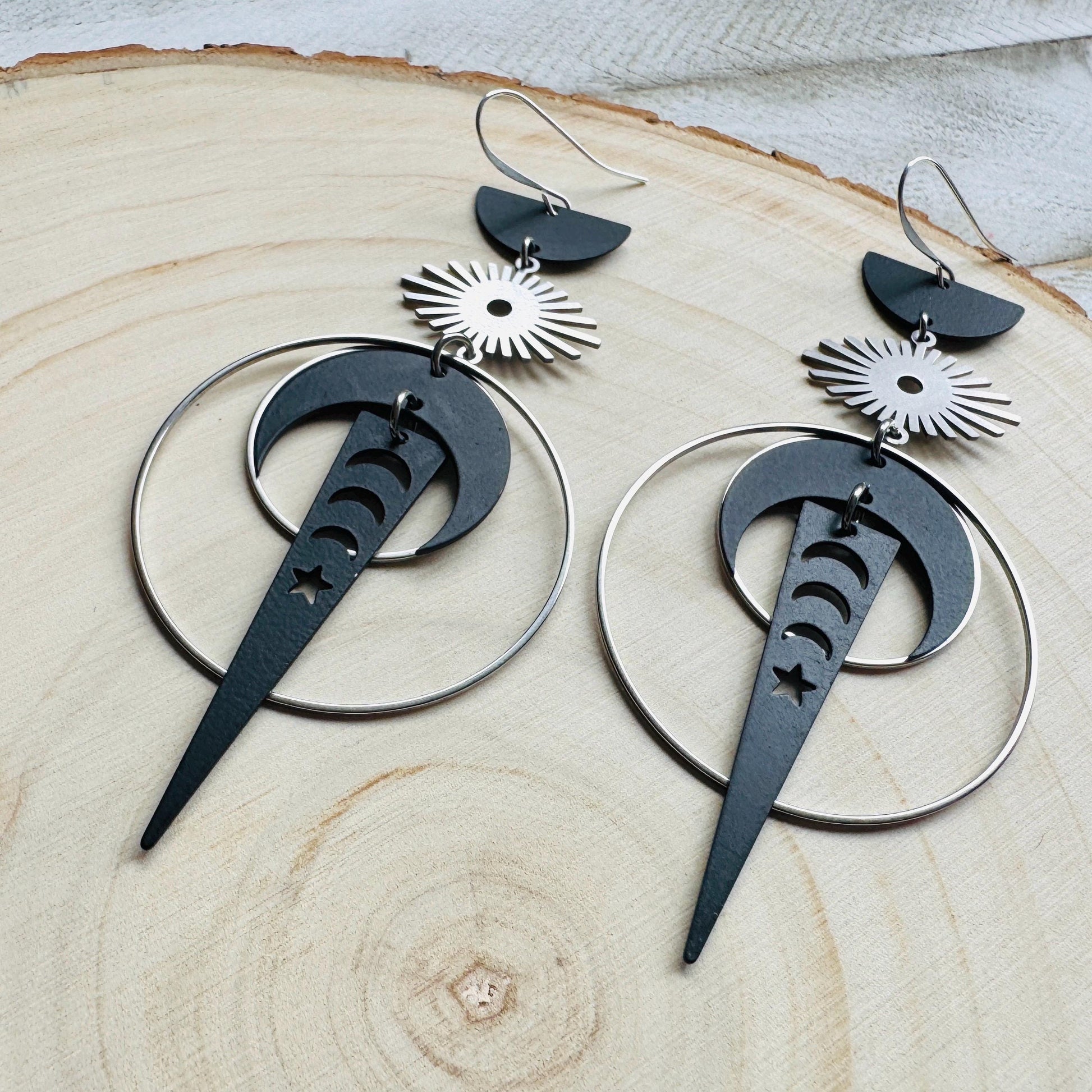 Moon Earrings Dangle, Goth Earrings for Women, Punk Jewelry, Celestial Jewelry, Silver Earrings, Industrial Earrings, Unique Halloween Gifts