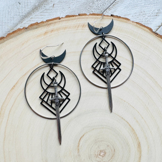 Sword Earrings, Crescent Moon Earrings Silver, Halloween Spooky Earrings, Witchy Gifts for Women Aesthetic, Birthday Present For Her