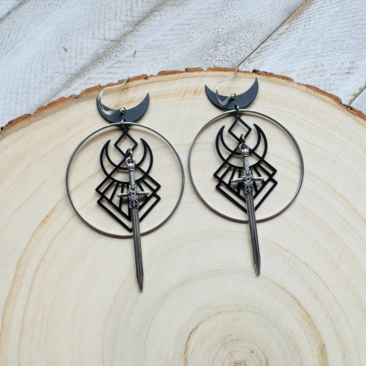Sword Earrings, Crescent Moon Earrings Silver, Halloween Spooky Earrings, Witchy Gifts for Women Aesthetic, Birthday Present For Her
