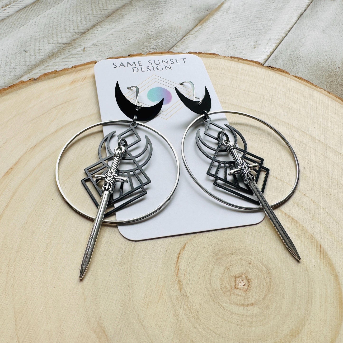 Sword Earrings, Crescent Moon Earrings Silver, Halloween Spooky Earrings, Witchy Gifts for Women Aesthetic, Birthday Present For Her