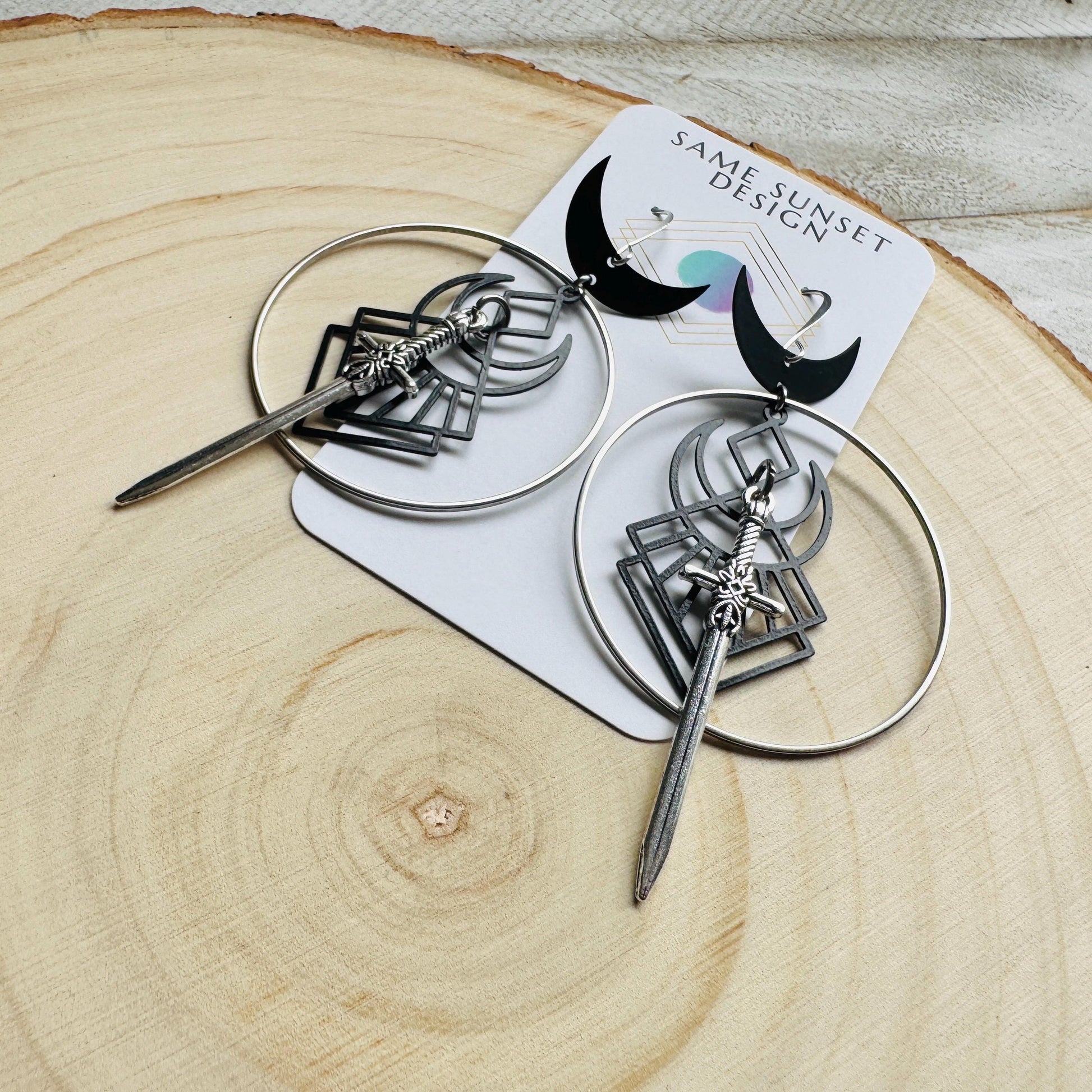 Sword Earrings, Crescent Moon Earrings Silver, Halloween Spooky Earrings, Witchy Gifts for Women Aesthetic, Birthday Present For Her