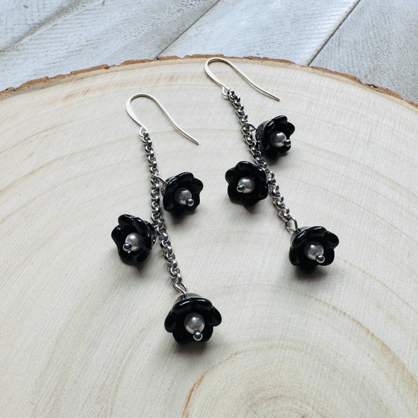 Flower Earrings, Pearl Earrings Dangle, Cottagecore Jewelry, Fairycore Jewelry, Gothic Earrings for Women, Corporate Goth, Plant Mom Gift