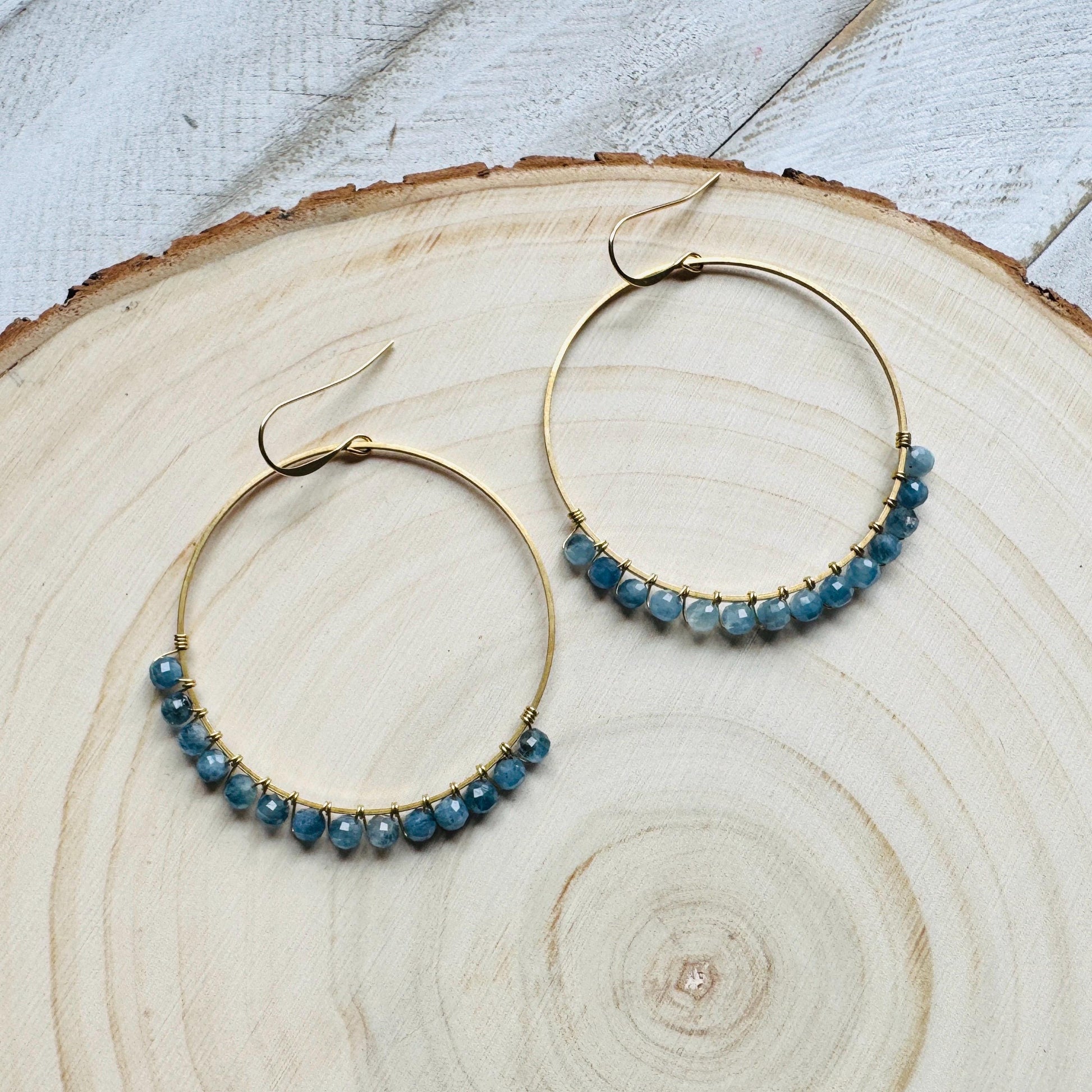 Aquamarine Hoop Earrings, Blue Earrings, Bridesmaid Jewelry, Birthday Gift for Daughter, Wire Wrapped Hoops, Unique Gifts for Birthday