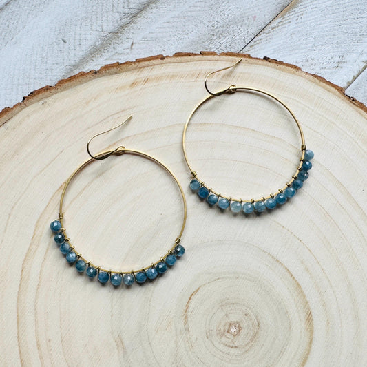 Aquamarine Hoop Earrings, Blue Earrings, Bridesmaid Jewelry, Birthday Gift for Daughter, Wire Wrapped Hoops, Unique Gifts for Birthday