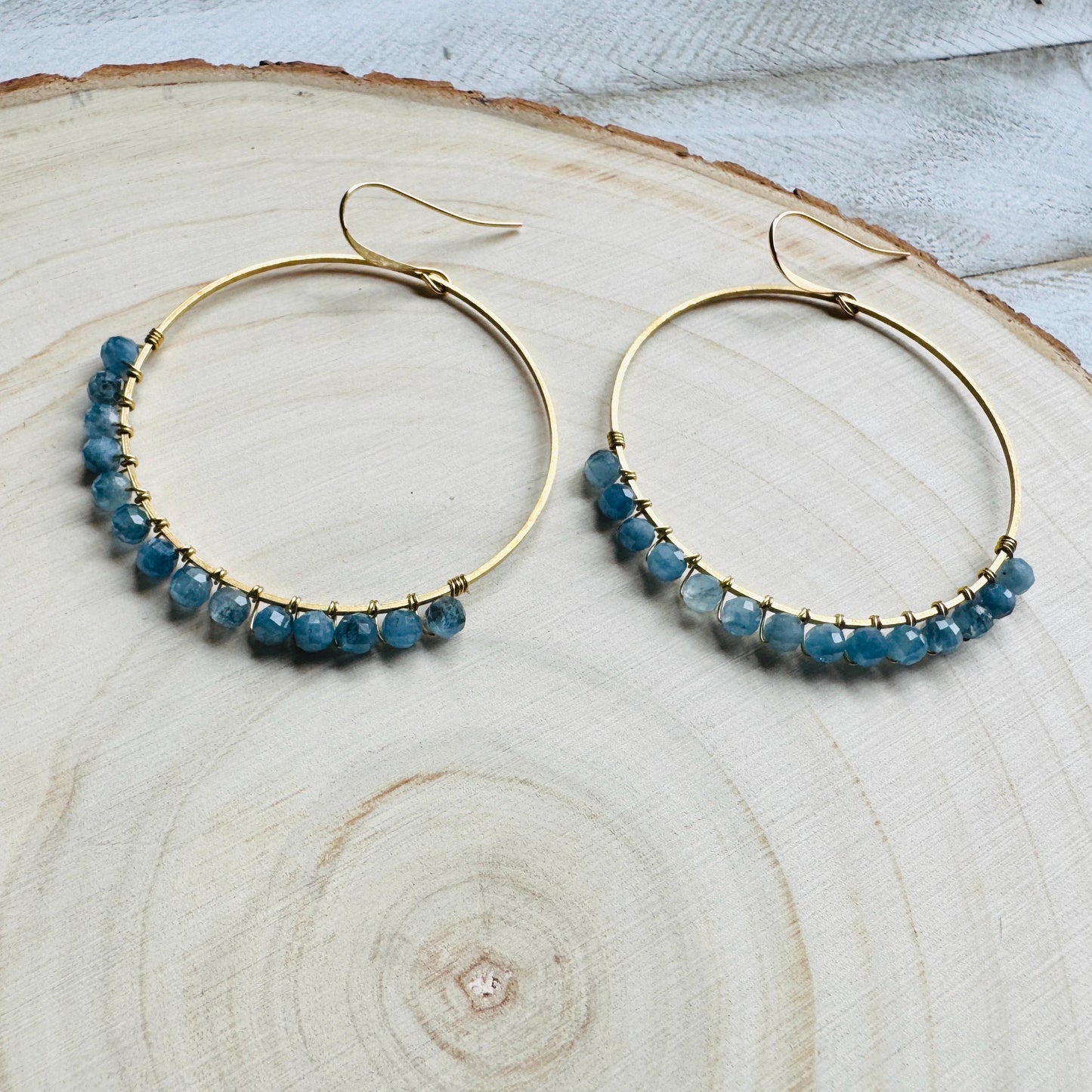 Aquamarine Hoop Earrings, Blue Earrings, Bridesmaid Jewelry, Birthday Gift for Daughter, Wire Wrapped Hoops, Unique Gifts for Birthday