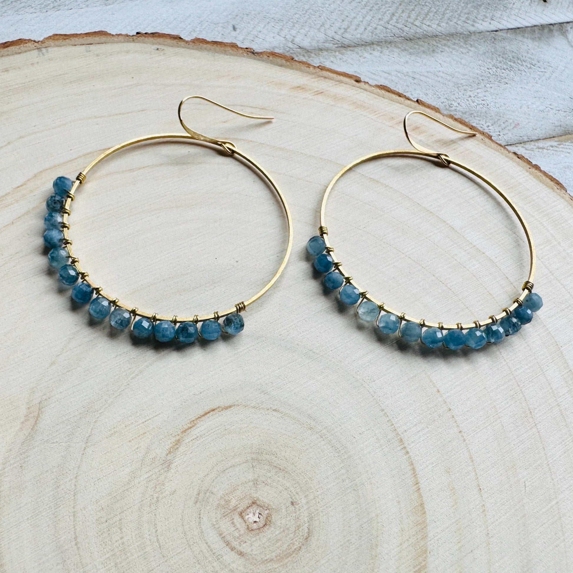 Aquamarine Hoop Earrings, Blue Earrings, Bridesmaid Jewelry, Birthday Gift for Daughter, Wire Wrapped Hoops, Unique Gifts for Birthday