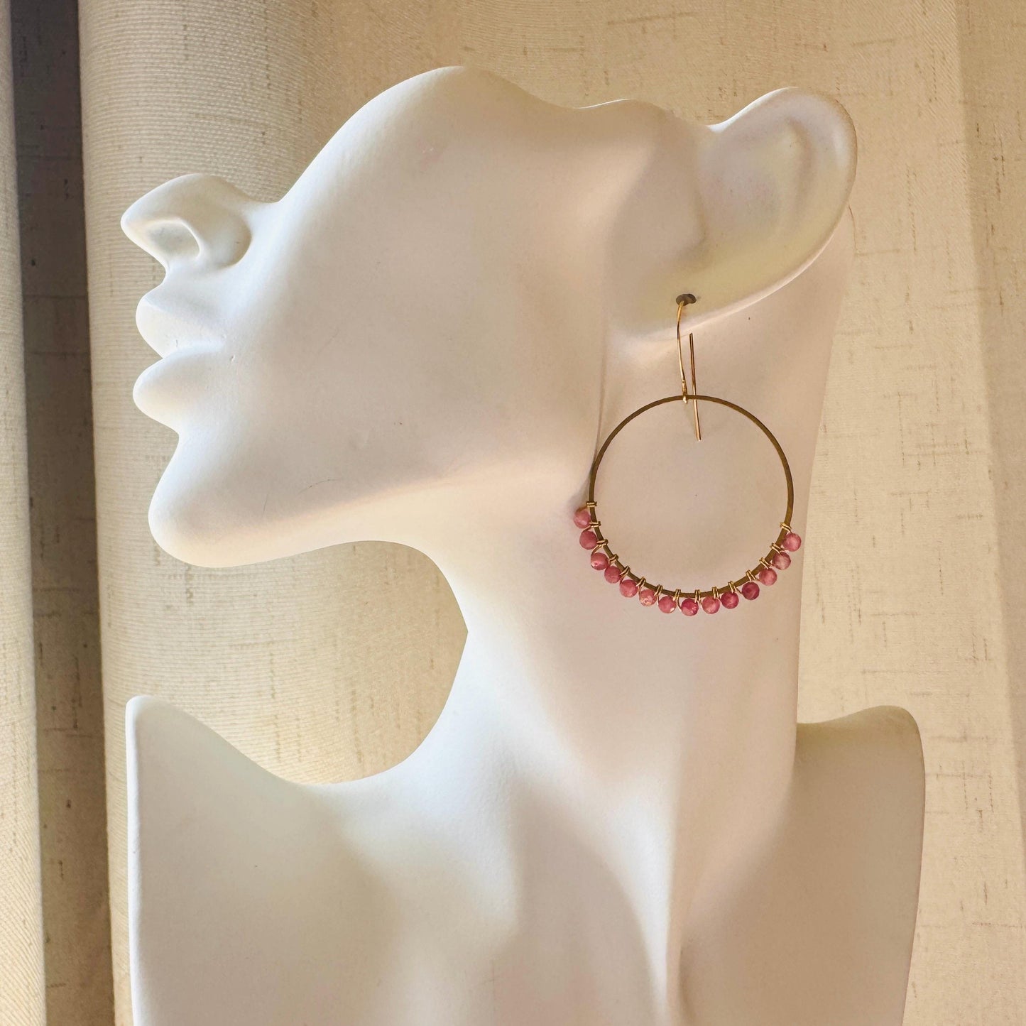 Pink Tourmaline Earrings, Bead Hoops, Pink Earrings, Trendy Jewelry, Wedding Jewelry, Geometric Jewelry, Birthday Gift for Daughter