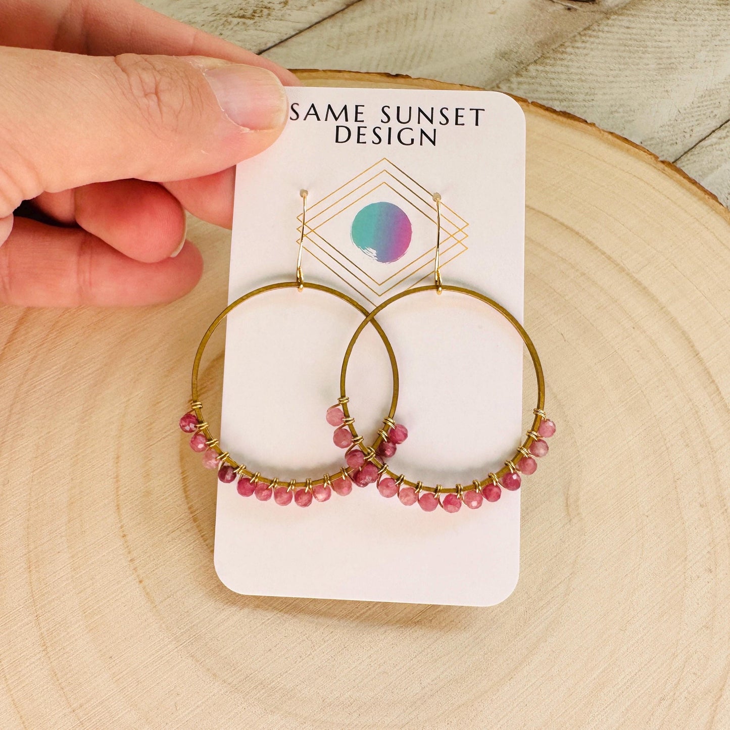 Pink Tourmaline Earrings, Bead Hoops, Pink Earrings, Trendy Jewelry, Wedding Jewelry, Geometric Jewelry, Birthday Gift for Daughter