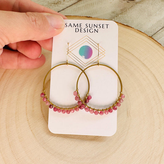 Pink Tourmaline Earrings, Bead Hoops, Pink Earrings, Trendy Jewelry, Wedding Jewelry, Geometric Jewelry, Birthday Gift for Daughter