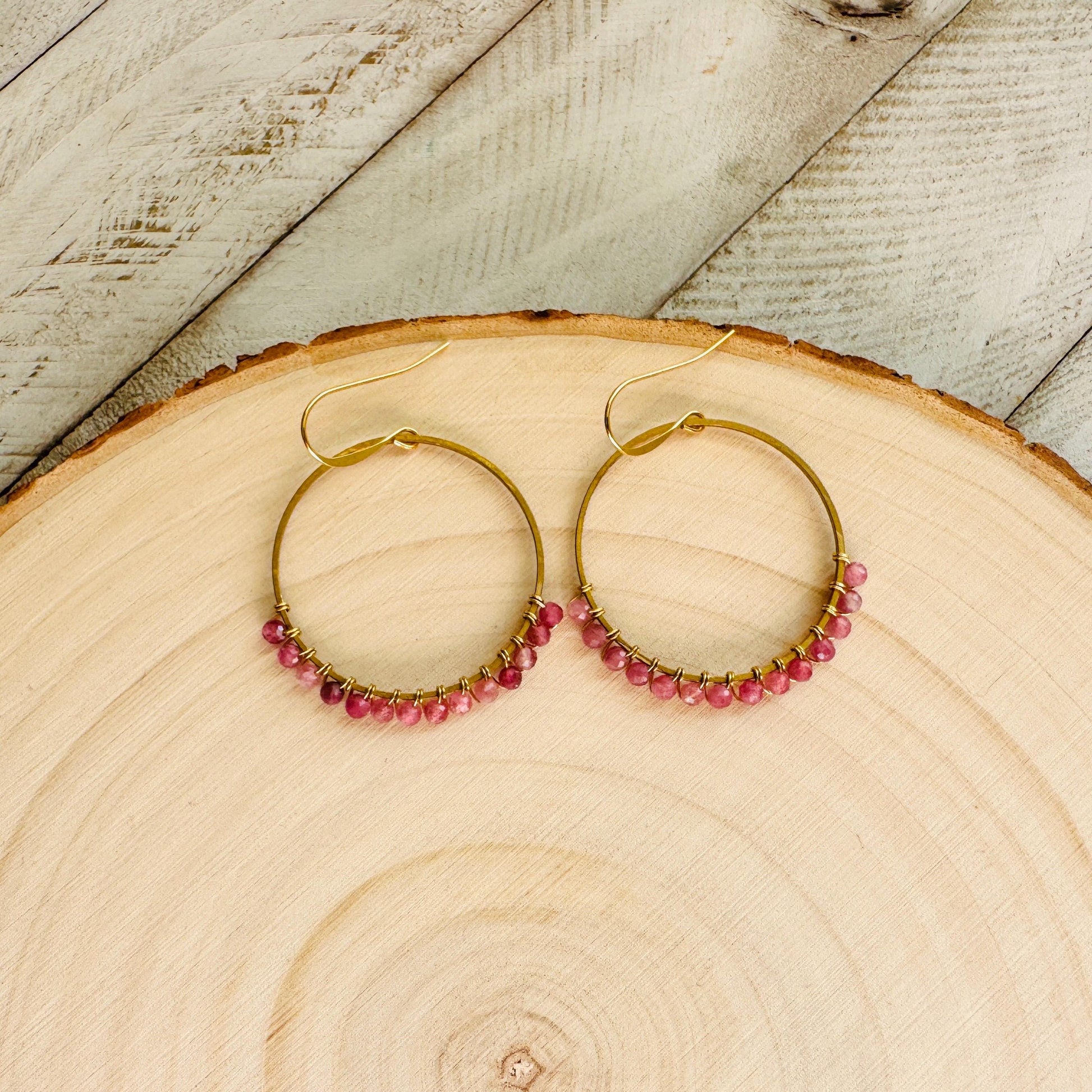 Pink Tourmaline Earrings, Bead Hoops, Pink Earrings, Trendy Jewelry, Wedding Jewelry, Geometric Jewelry, Birthday Gift for Daughter