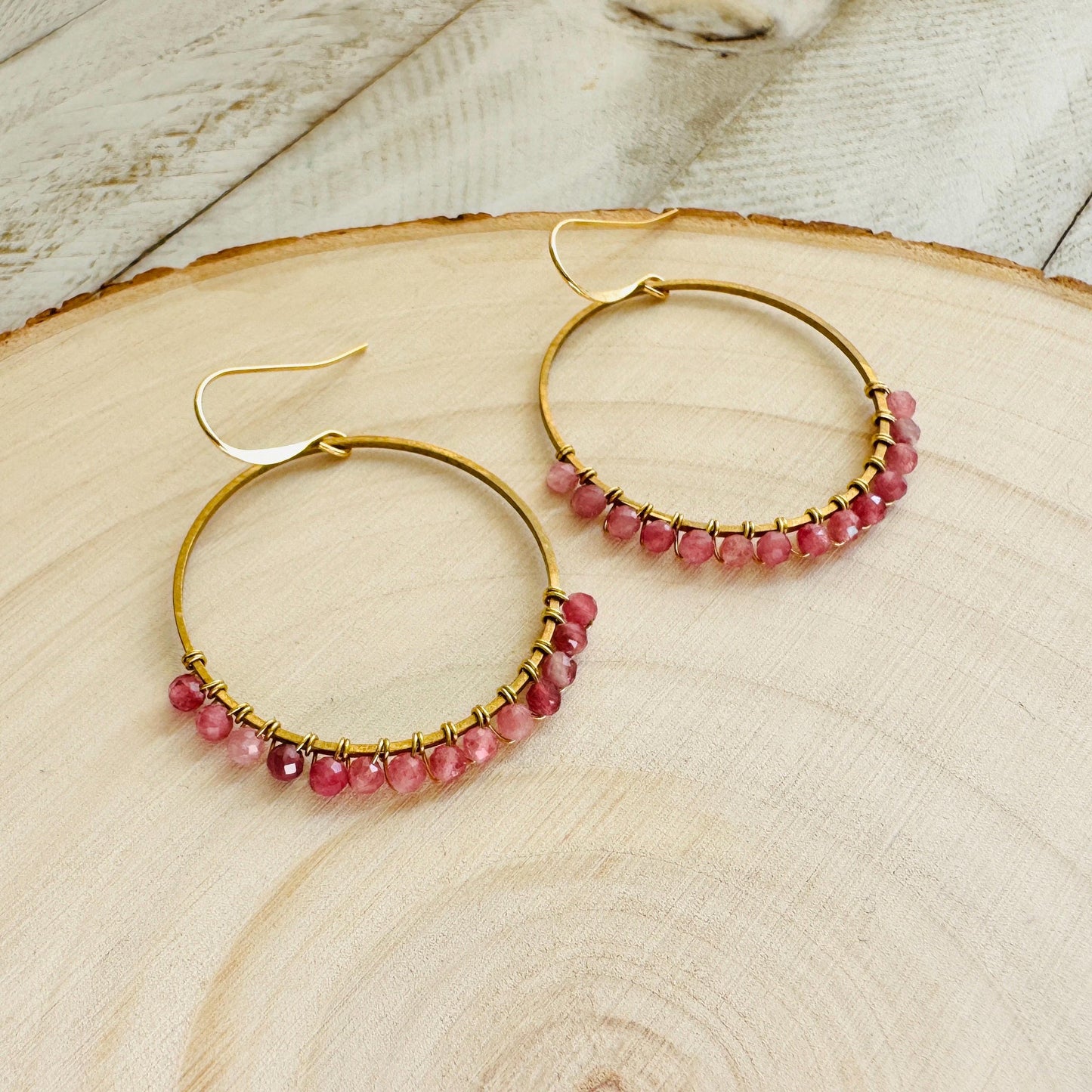 Pink Tourmaline Earrings, Bead Hoops, Pink Earrings, Trendy Jewelry, Wedding Jewelry, Geometric Jewelry, Birthday Gift for Daughter