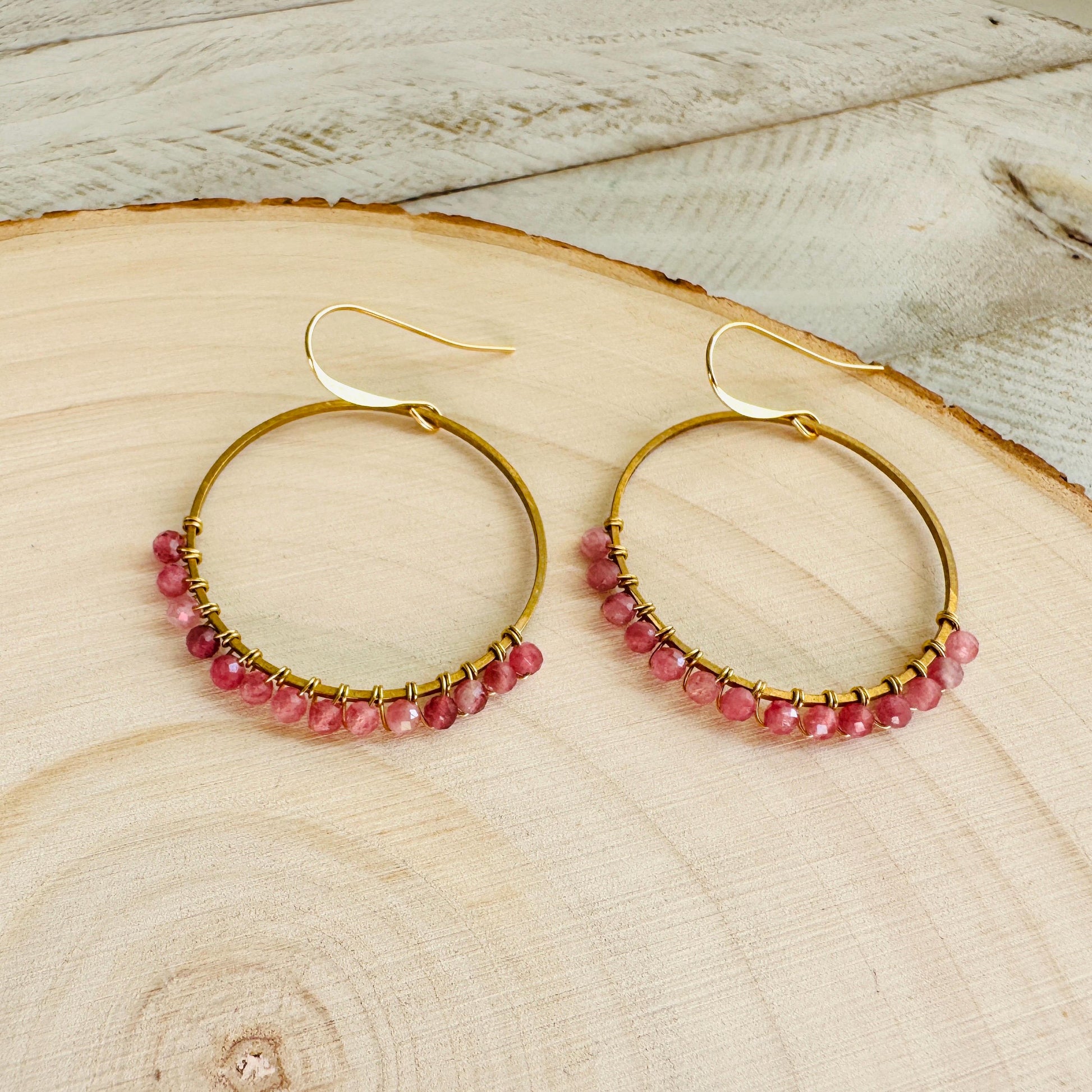 Pink Tourmaline Earrings, Bead Hoops, Pink Earrings, Trendy Jewelry, Wedding Jewelry, Geometric Jewelry, Birthday Gift for Daughter