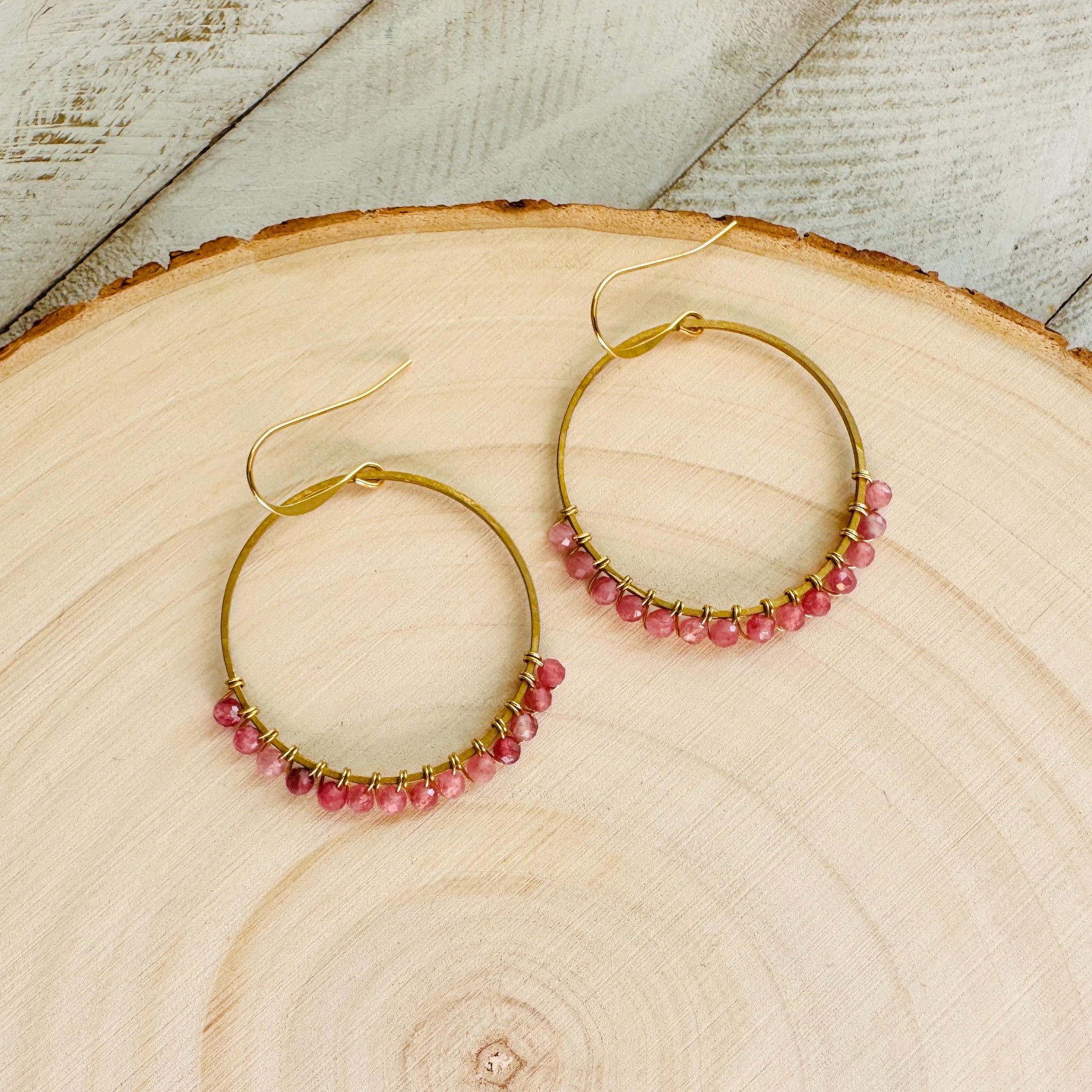 Pink Tourmaline Earrings, Bead Hoops, Pink Earrings, Trendy Jewelry, Wedding Jewelry, Geometric Jewelry, Birthday Gift for Daughter