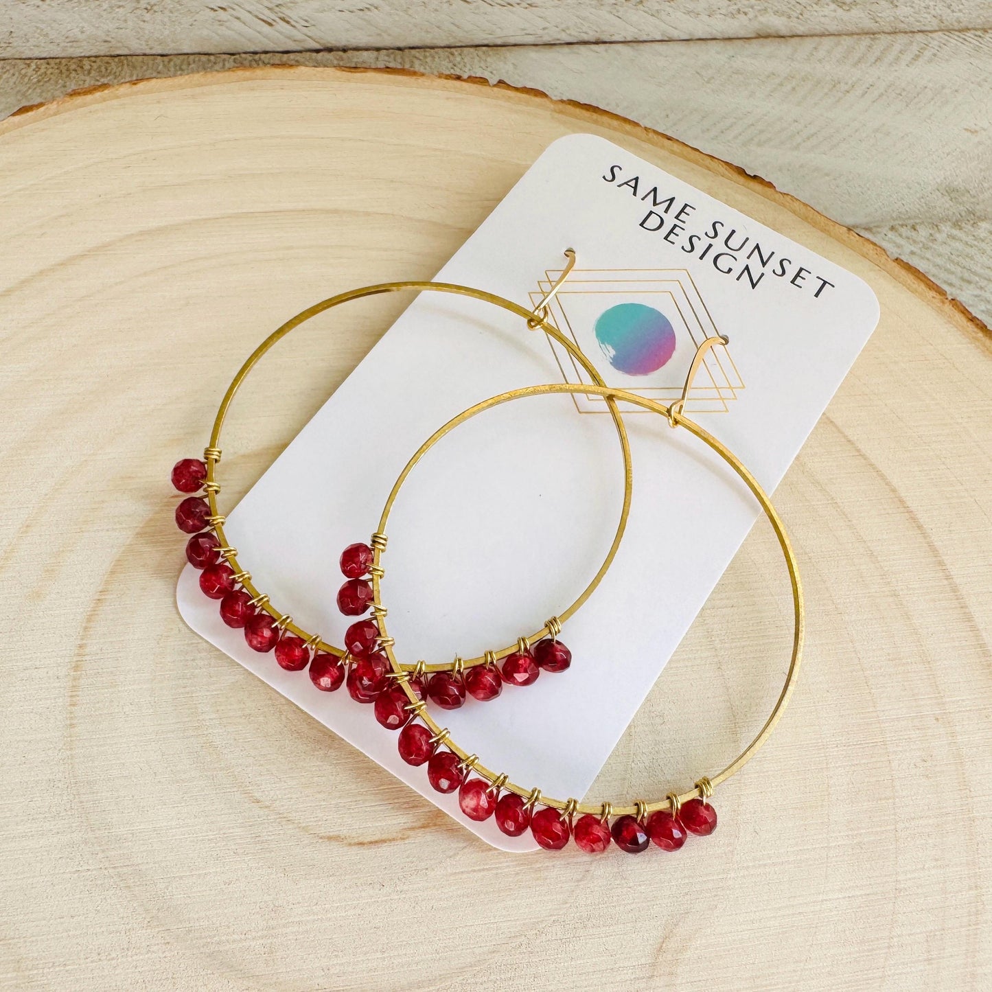 Garnet Earrings, Brass Hoops, Natural Stone Jewelry, January Earrings, Gemstone Earrings, Birthday Gift for Daughter, Witchy Earrings