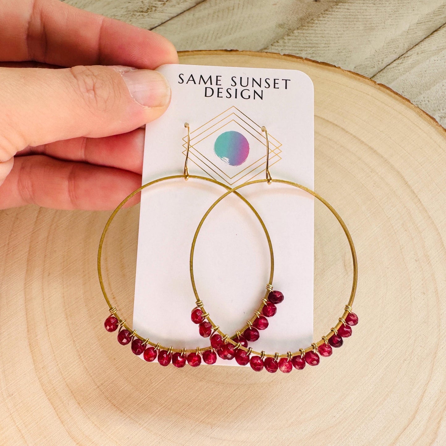 Garnet Earrings, Brass Hoops, Natural Stone Jewelry, January Earrings, Gemstone Earrings, Birthday Gift for Daughter, Witchy Earrings