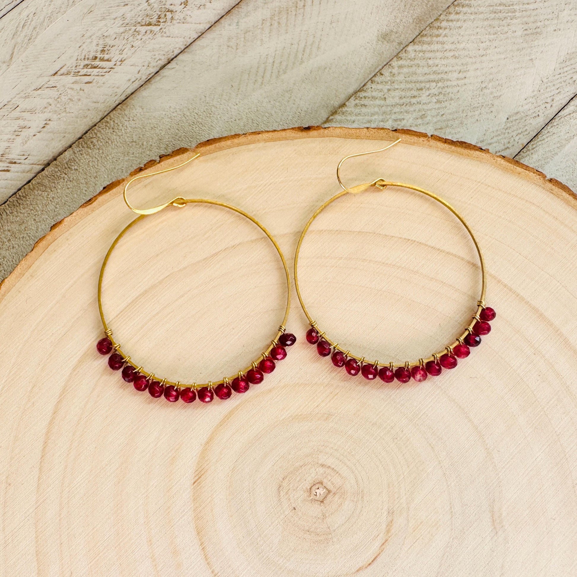 Garnet Earrings, Brass Hoops, Natural Stone Jewelry, January Earrings, Gemstone Earrings, Birthday Gift for Daughter, Witchy Earrings