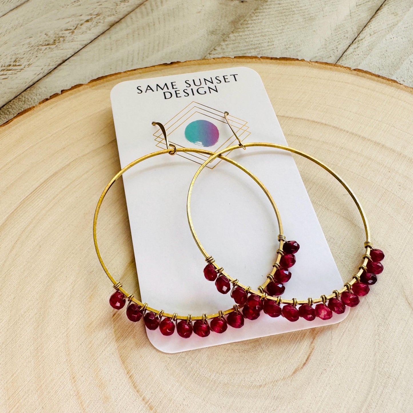 Garnet Earrings, Brass Hoops, Natural Stone Jewelry, January Earrings, Gemstone Earrings, Birthday Gift for Daughter, Witchy Earrings