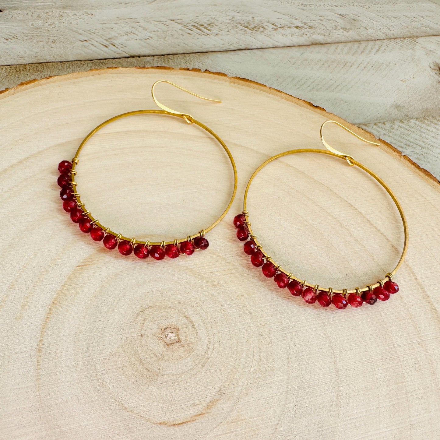Garnet Earrings, Brass Hoops, Natural Stone Jewelry, January Earrings, Gemstone Earrings, Birthday Gift for Daughter, Witchy Earrings