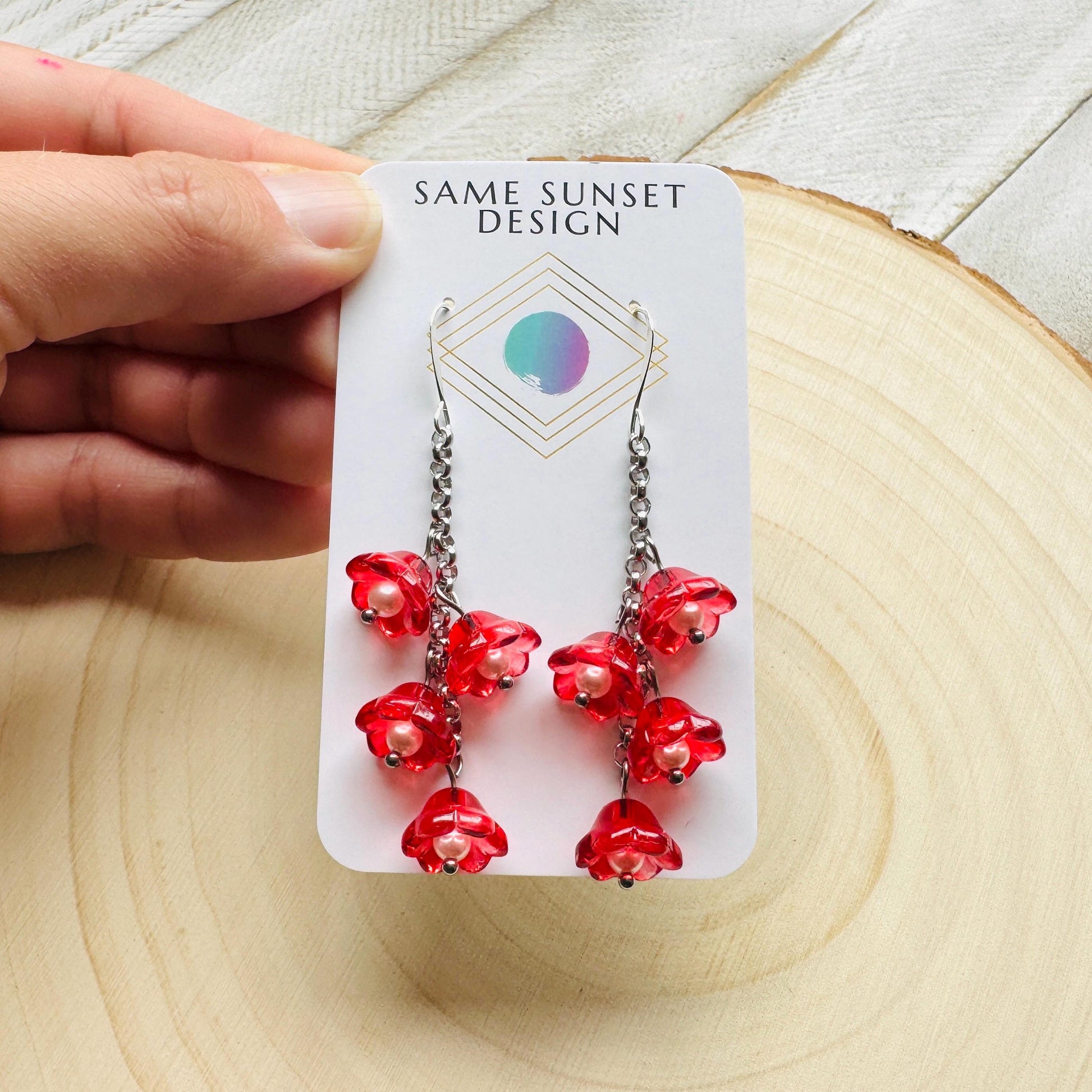 Flower Earrings, Red Flowers, Silver Earrings, Pearl Earrings Dangle, Cottagecore Jewelry, Gothic Earrings for Women, Plant Mom Gift