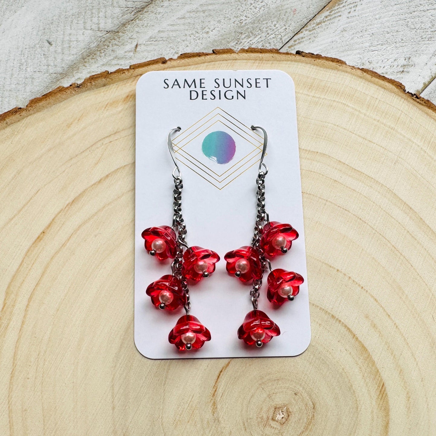 Flower Earrings, Red Flowers, Silver Earrings, Pearl Earrings Dangle, Cottagecore Jewelry, Gothic Earrings for Women, Plant Mom Gift